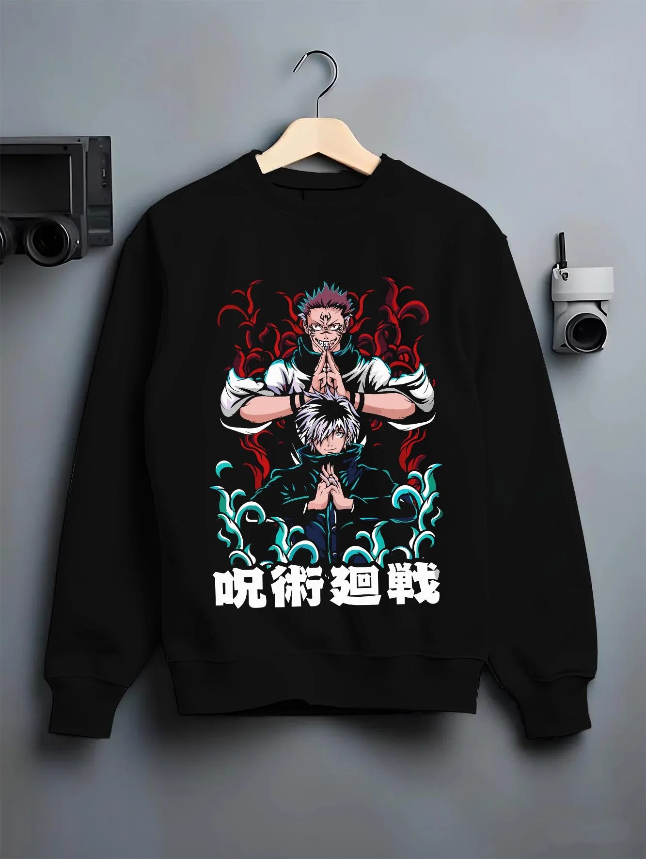 Black crewneck sweatshirt on hanger with Shoko Ieiri Hoodie Jujutsu Kaisen Healing Stance graphic premium wear.