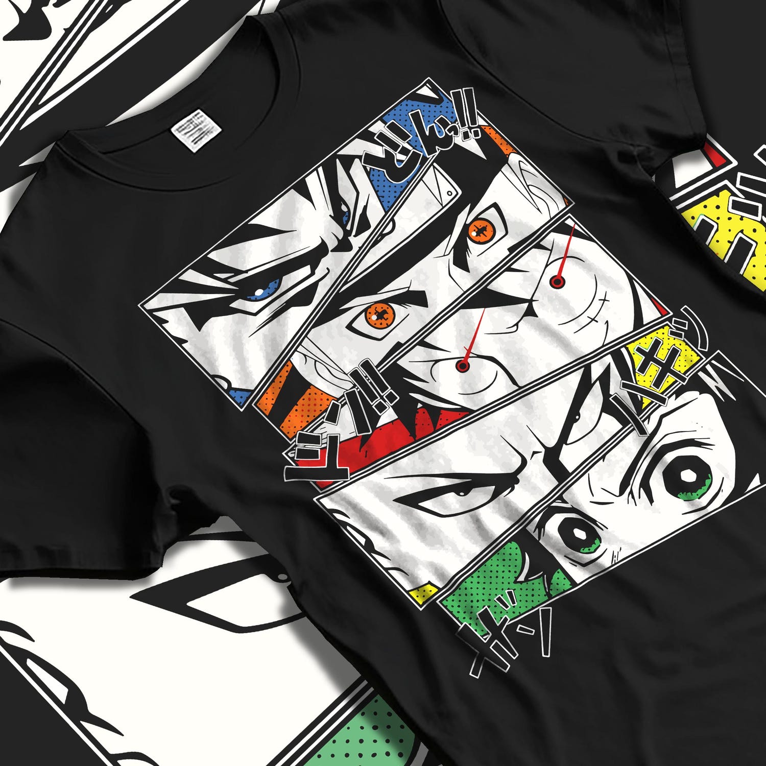 Black T-shirt laid flat with natural fabric folds, featuring manga eye panel design of Goku, Naruto, Luffy, Saitama, and Tanjiro in style.