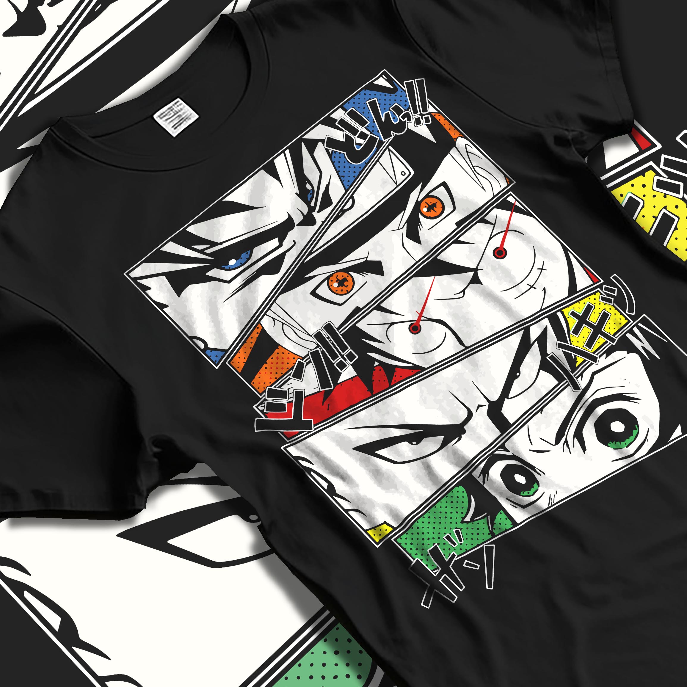 Black T-shirt laid flat with natural fabric folds, featuring manga eye panel design of Goku, Naruto, Luffy, Saitama, and Tanjiro in style.