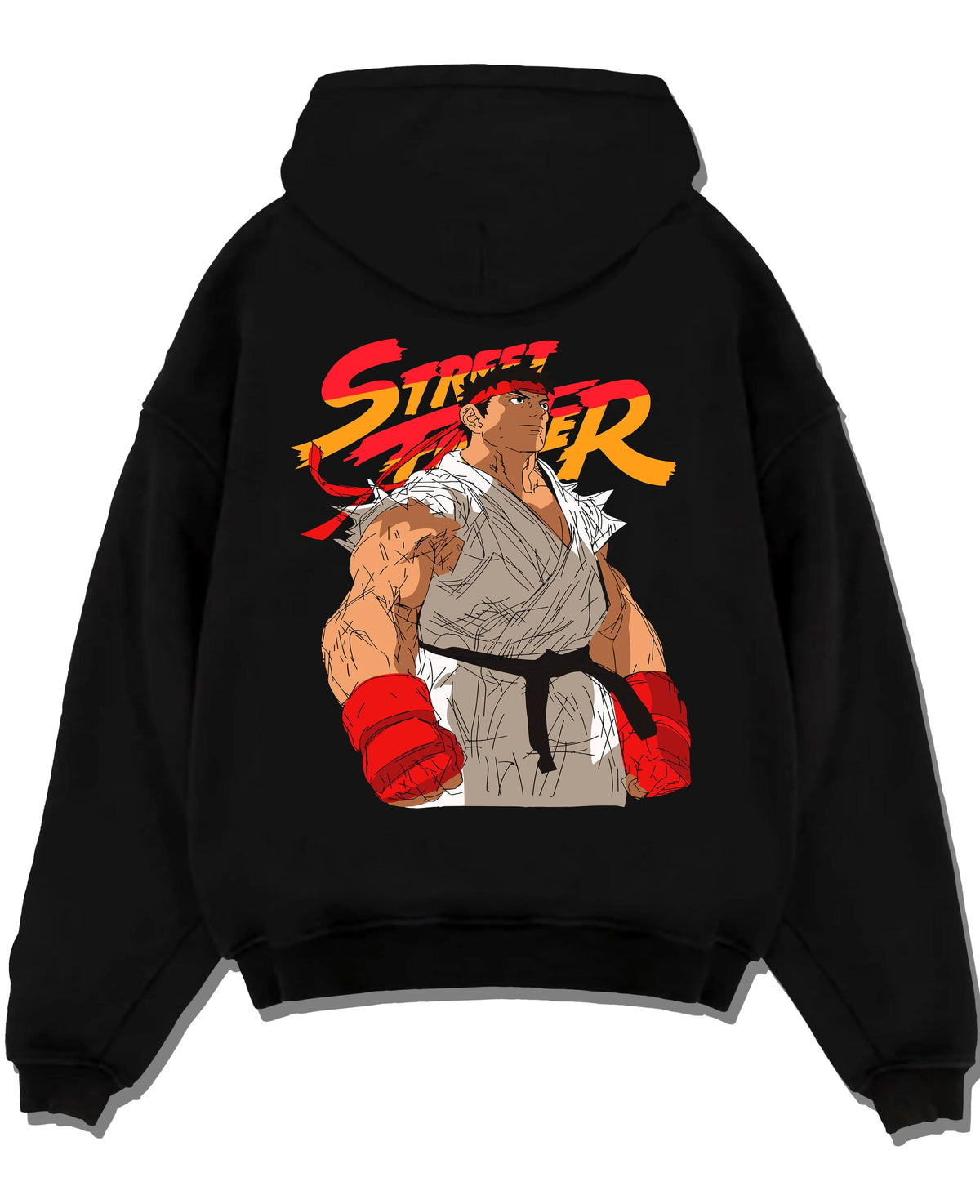 Black hoodie laid flat featuring Ryu Shoryuken World Warrior Street Fighter artwork.
