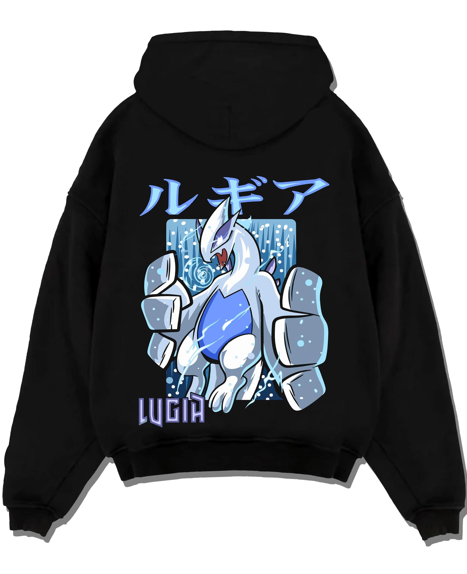 Black pullover hoodie laid flat with Lugia Hoodie Pokémon Legendary Guardian Design graphic streetwear graphic.