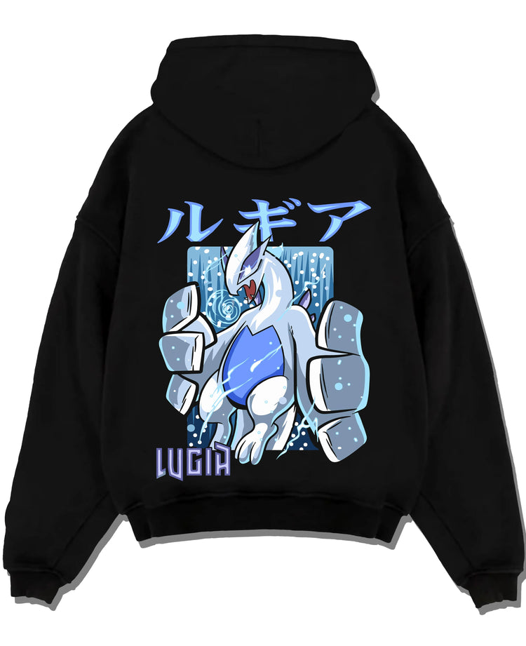 Black pullover hoodie laid flat with Lugia Hoodie Pokémon Legendary Guardian Design graphic streetwear graphic.