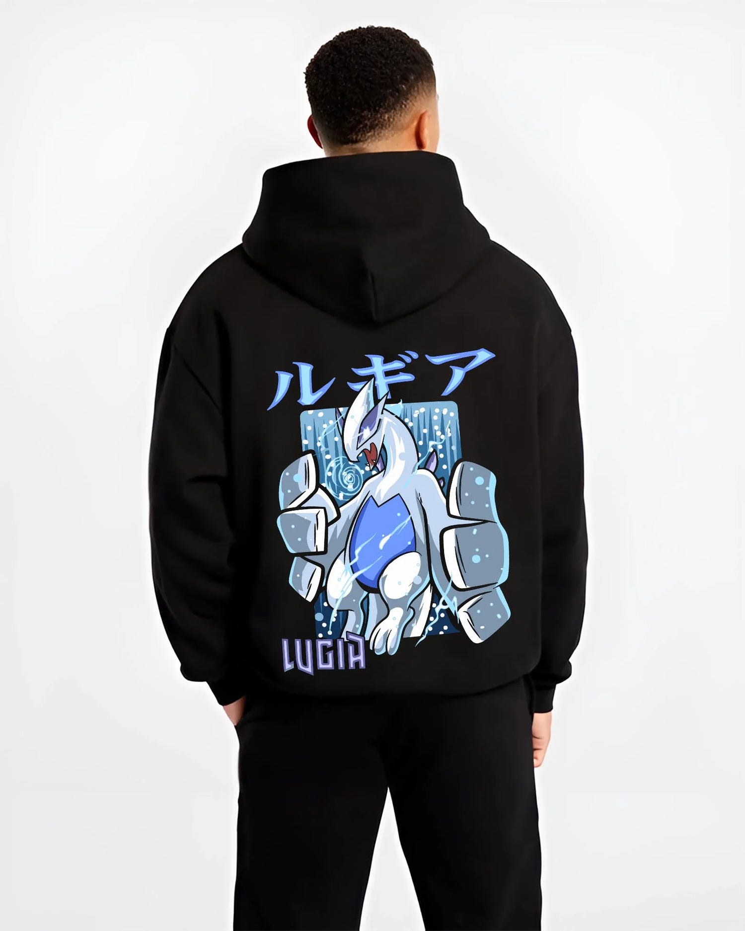Black hoodie worn by male model, back view with Lugia Hoodie Pokémon Legendary Guardian Design graphic Lugia anime design.