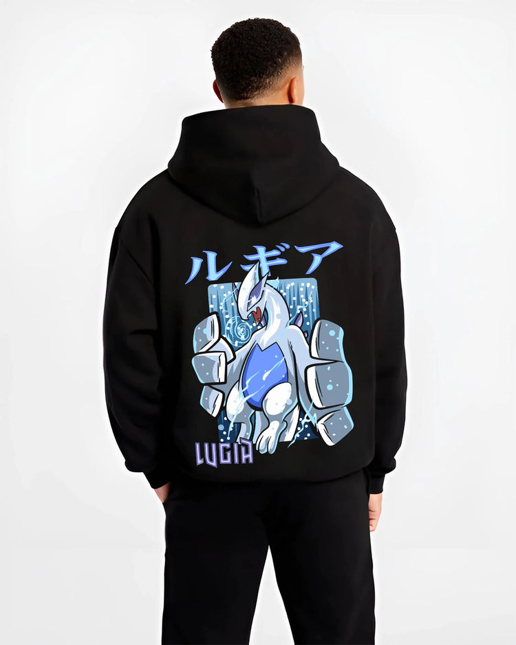 Black hoodie worn by male model, back view with Lugia Hoodie Pokémon Legendary Guardian Design graphic Lugia anime design.