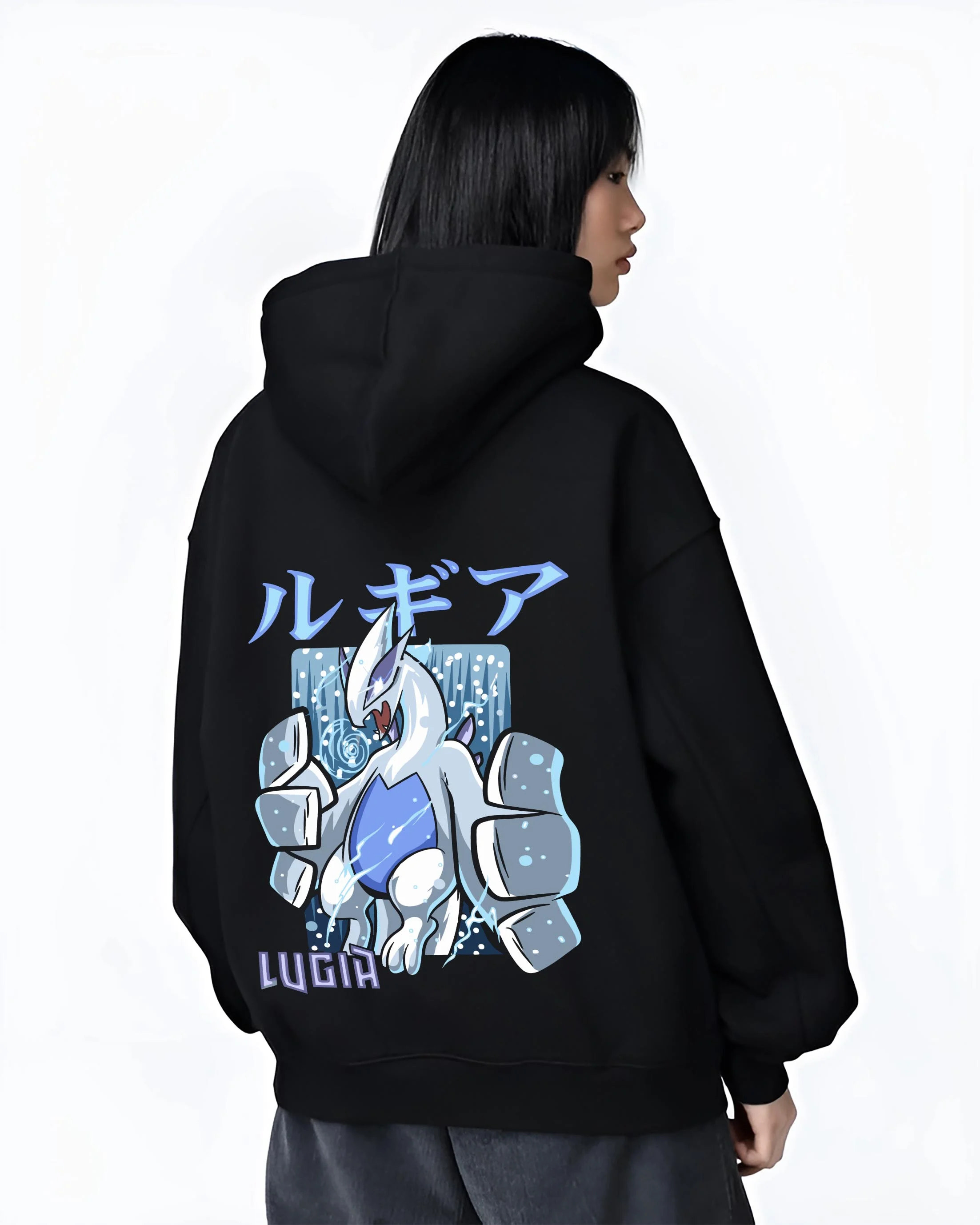 Black hoodie worn by female model, back view with Lugia Hoodie Pokémon Legendary Guardian Design graphic premium wear.