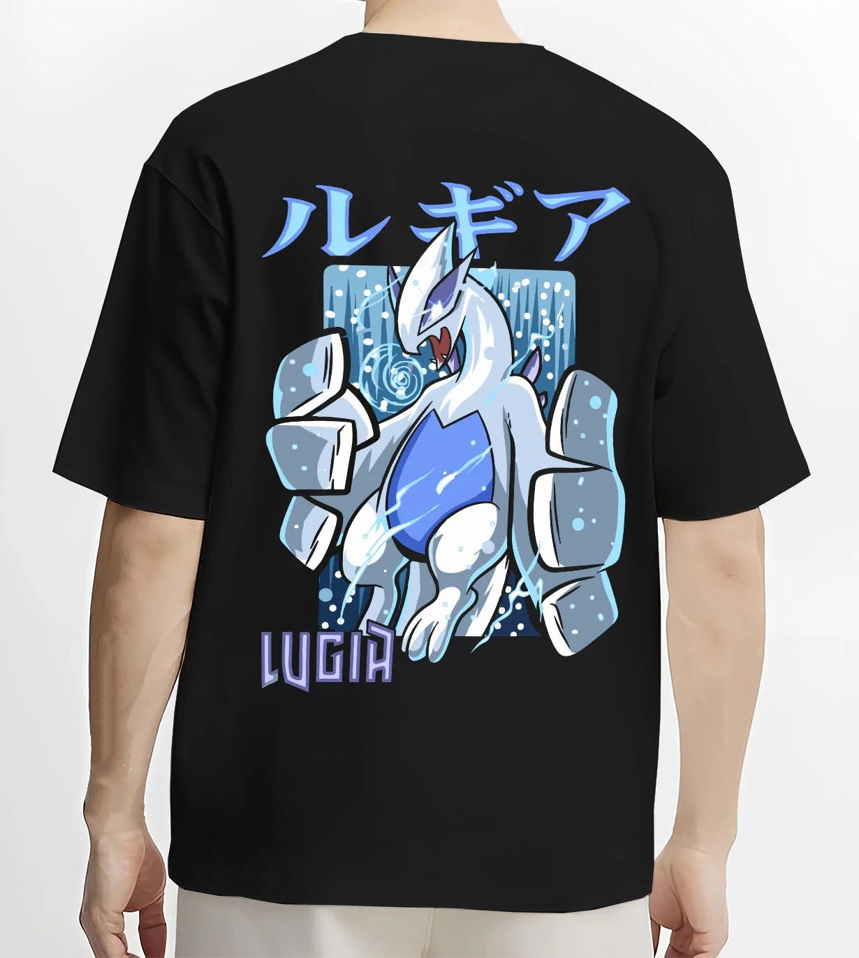 Black T-shirt worn by male model, back view with Lugia Hoodie Pokémon Legendary Guardian Design graphic premium wear.