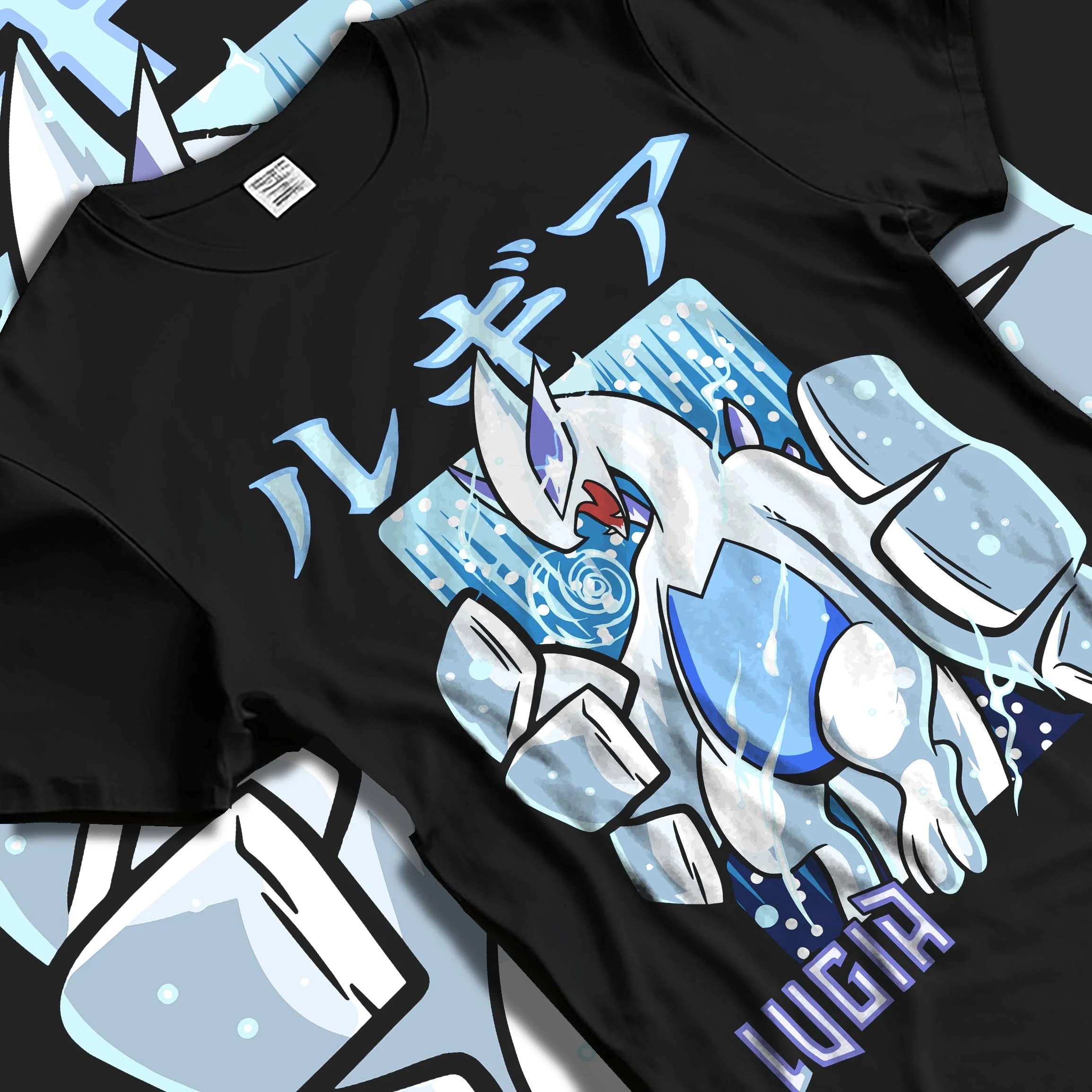 Black T-shirt laid flat with natural folds with Lugia Hoodie Pokémon Legendary Guardian Design graphic Lugia anime design.