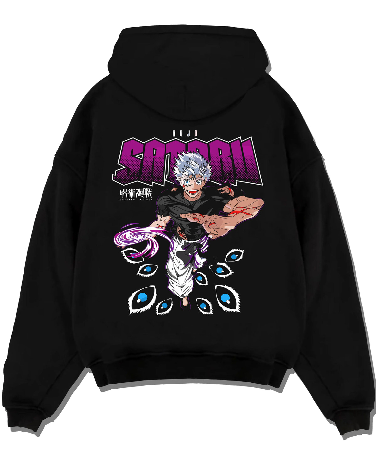 Black hoodie laid flat featuring Gojo Satoru Six Eyes Limitless Jujutsu Kaisen artwork.