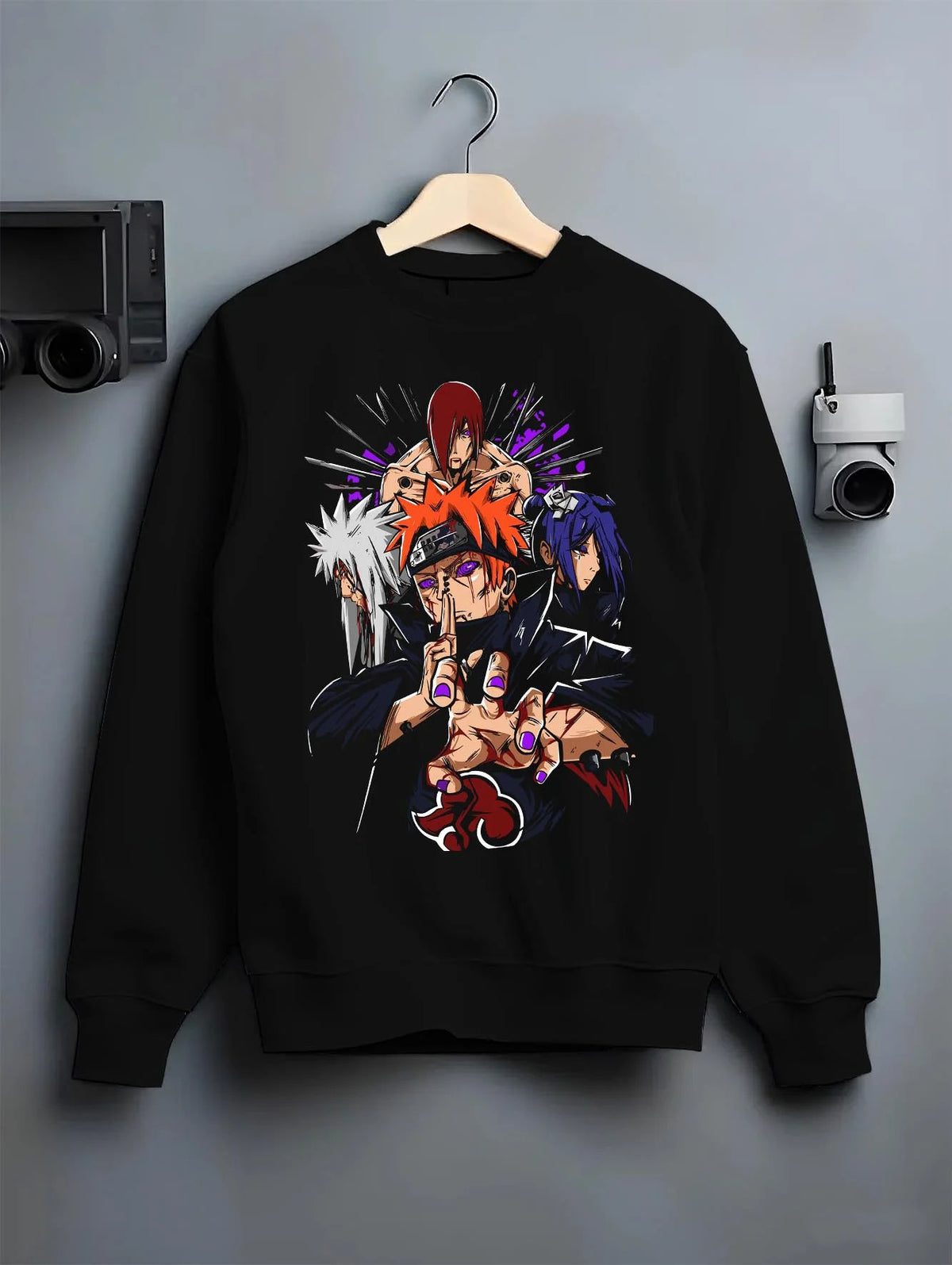 Black crewneck sweatshirt on hanger featuring Pain Six Paths Rinnegan Akatsuki Naruto artwork.