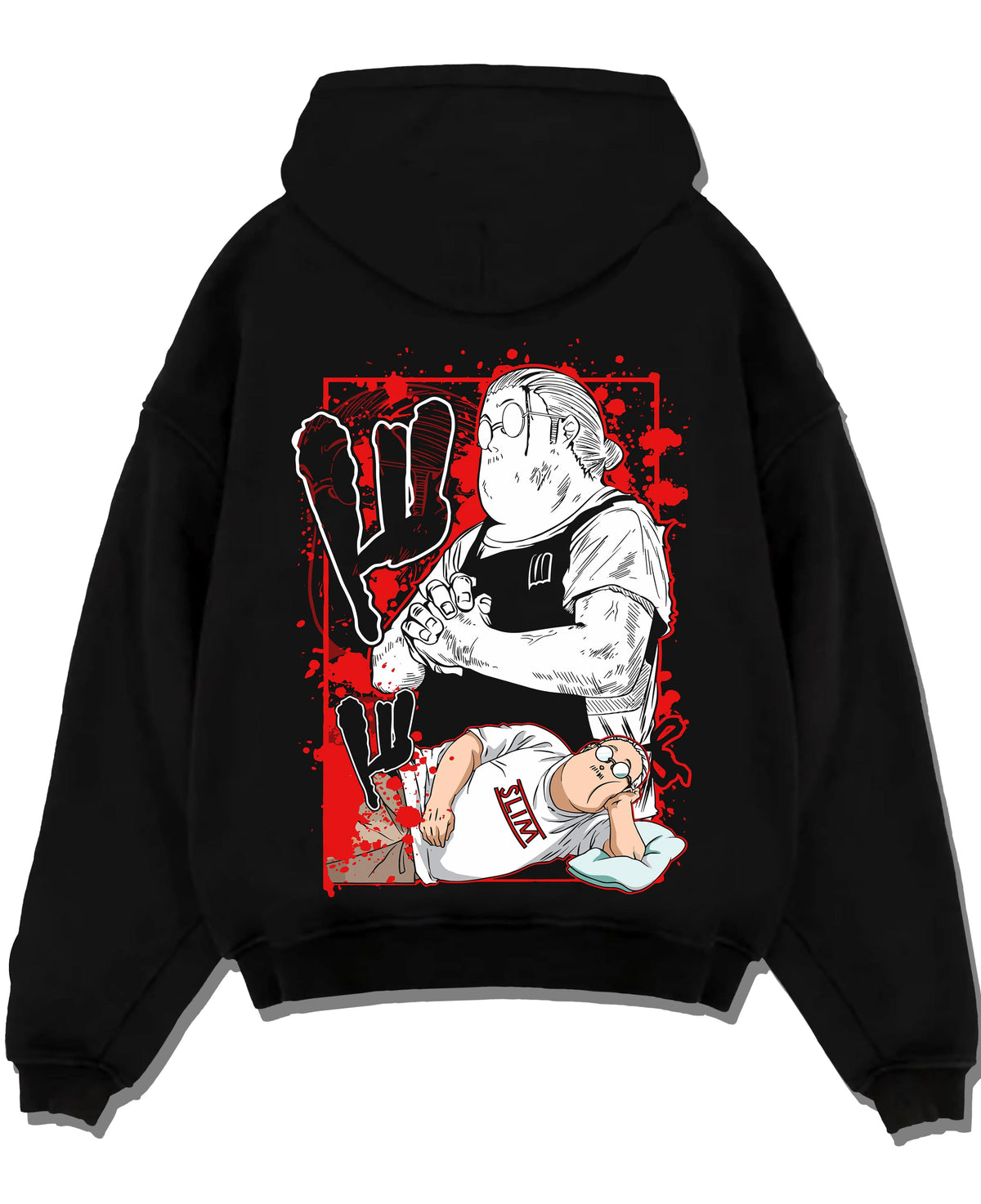 Black hoodie laid flat featuring Taro Sakamoto legendary hitman Sakamoto Days artwork.