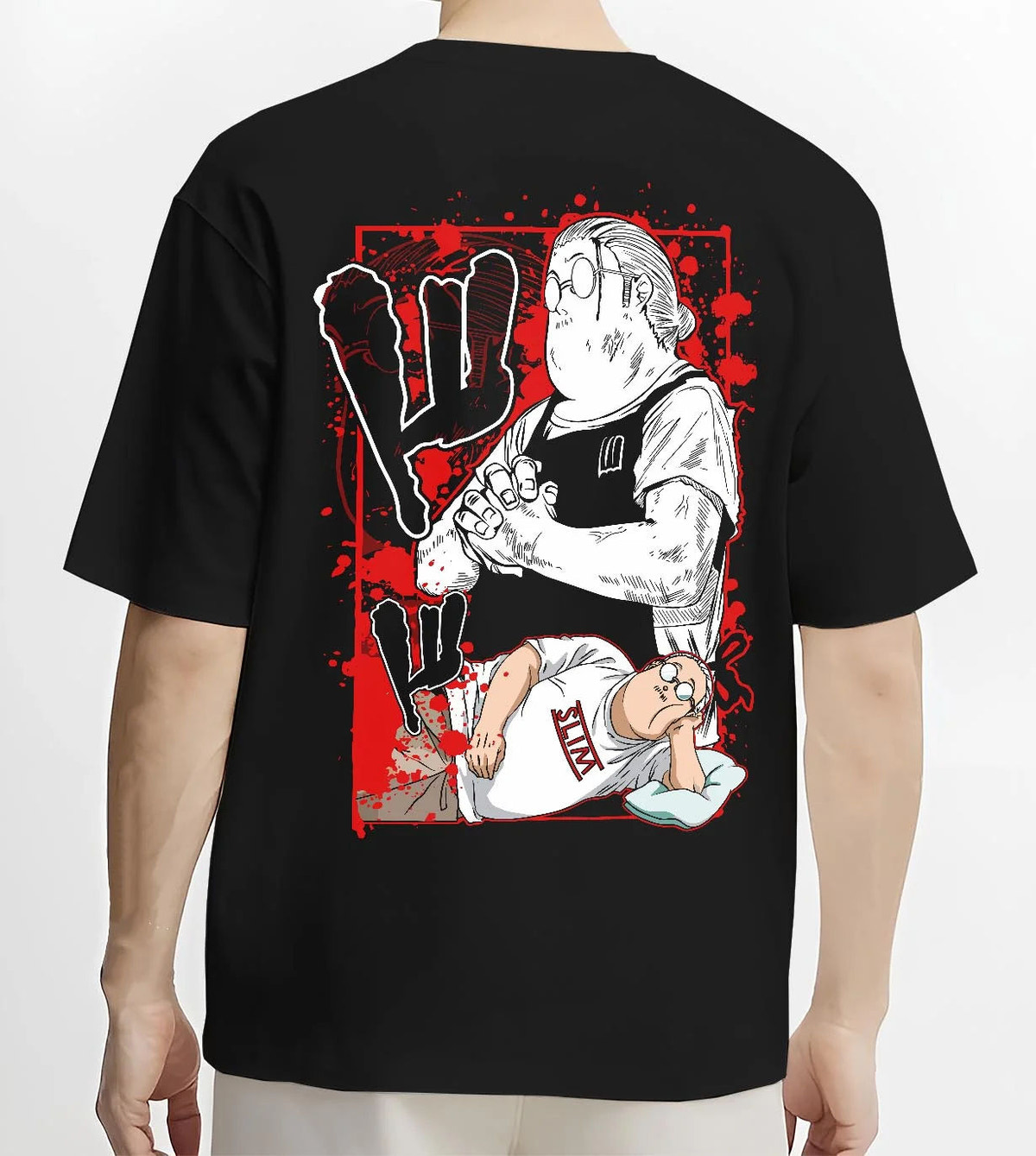 Black T-shirt worn by male model from the back featuring Taro Sakamoto legendary hitman Sakamoto Days artwork.