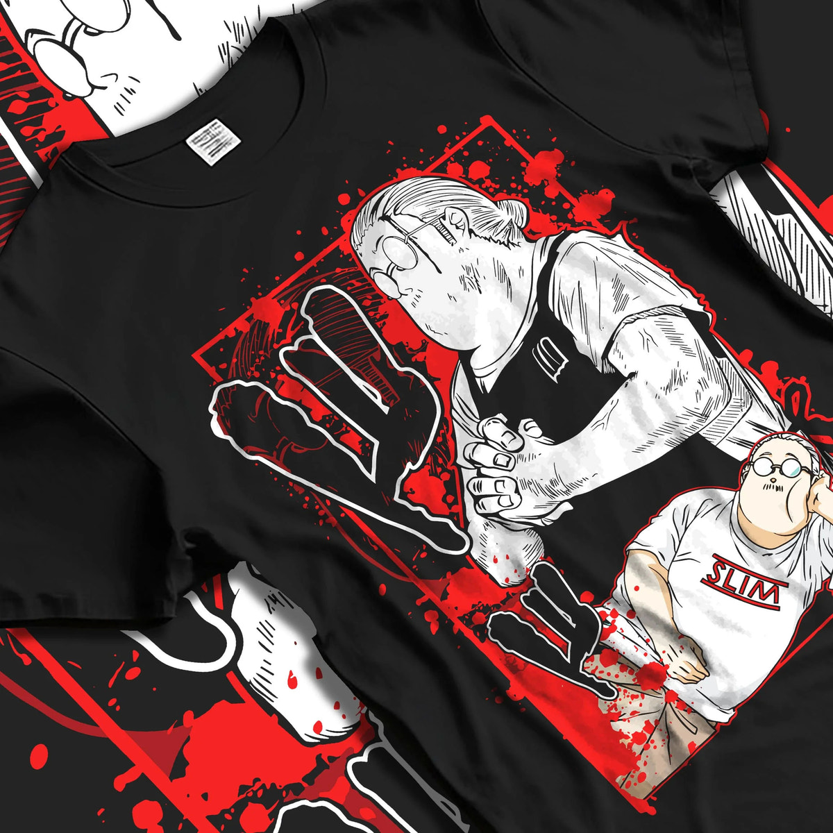 Black T-shirt laid flat with natural folds featuring Taro Sakamoto legendary hitman Sakamoto Days artwork.