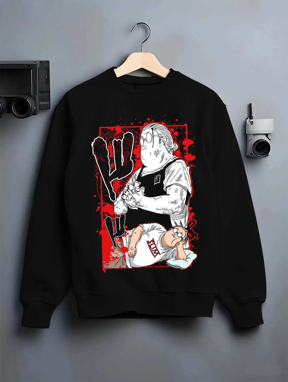 Black crewneck sweatshirt on hanger featuring Taro Sakamoto legendary hitman Sakamoto Days artwork.