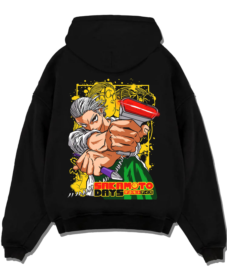 Black hoodie laid flat featuring Taro Sakamoto slim assassin battle Sakamoto Days artwork.