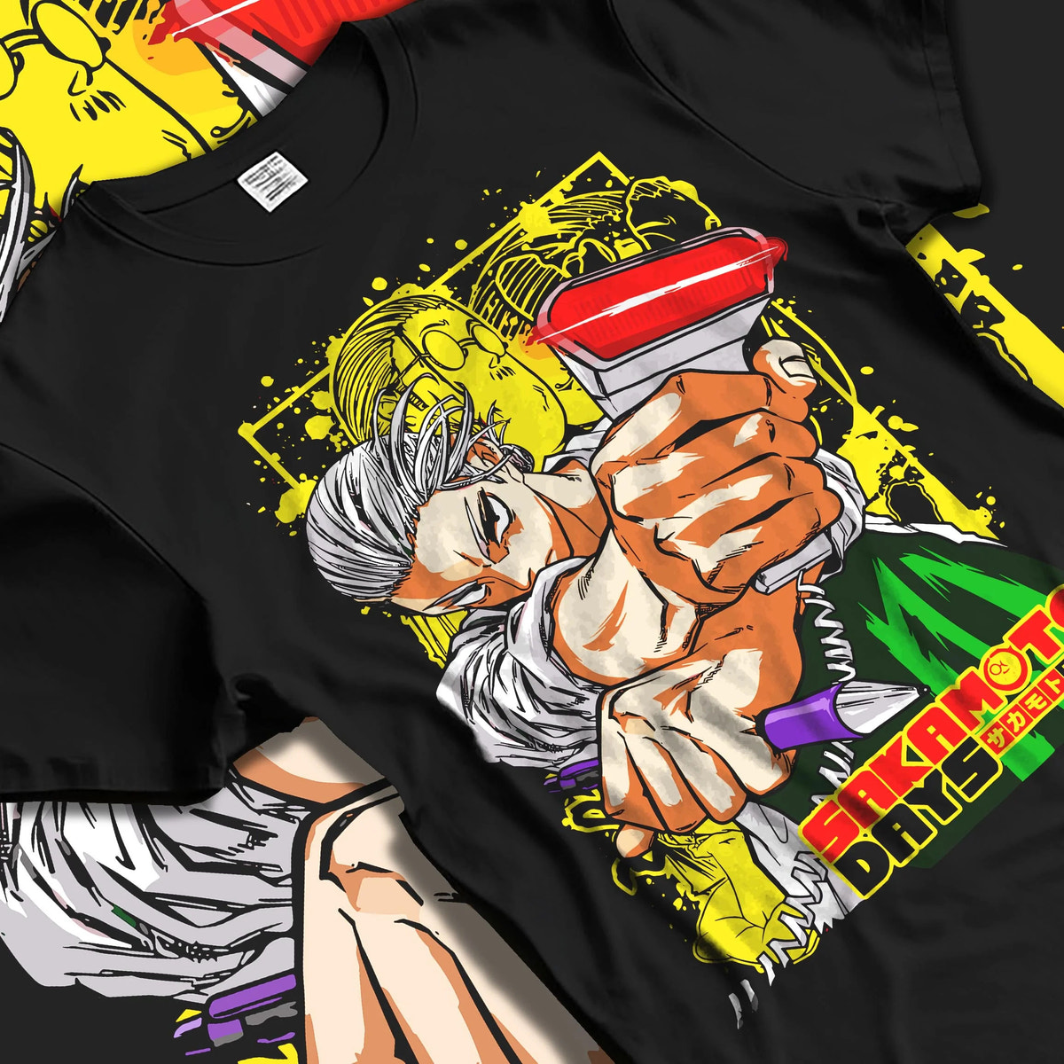 Black T-shirt laid flat with natural folds featuring Taro Sakamoto slim assassin battle Sakamoto Days artwork.