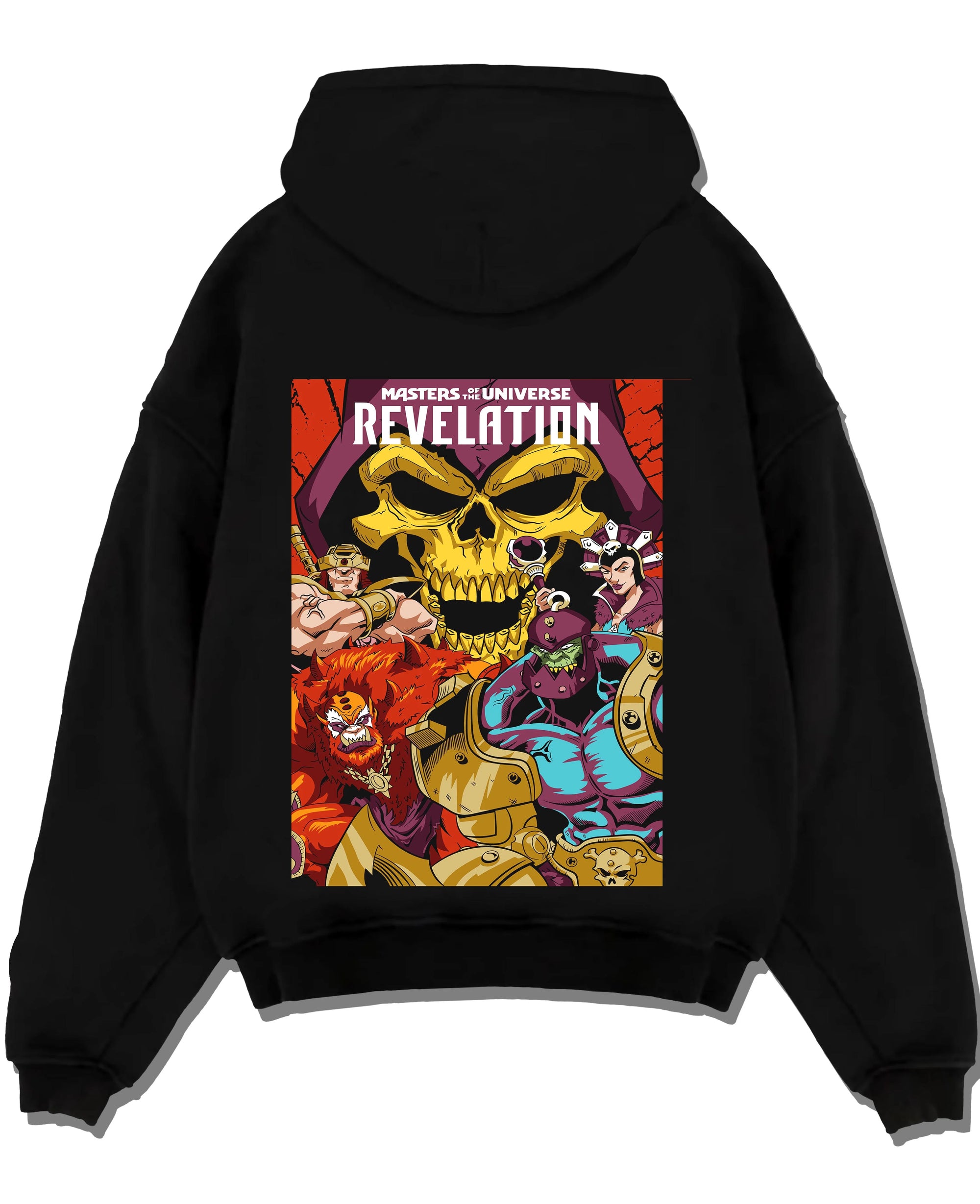 Black pullover hoodie laid flat with Skeletor Hoodie Masters of the Universe Villain graphic premium wear.