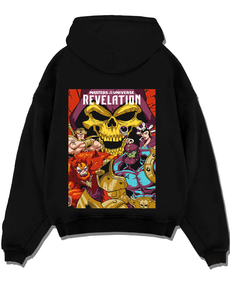 Black pullover hoodie laid flat with Skeletor Hoodie Masters of the Universe Villain graphic premium wear.