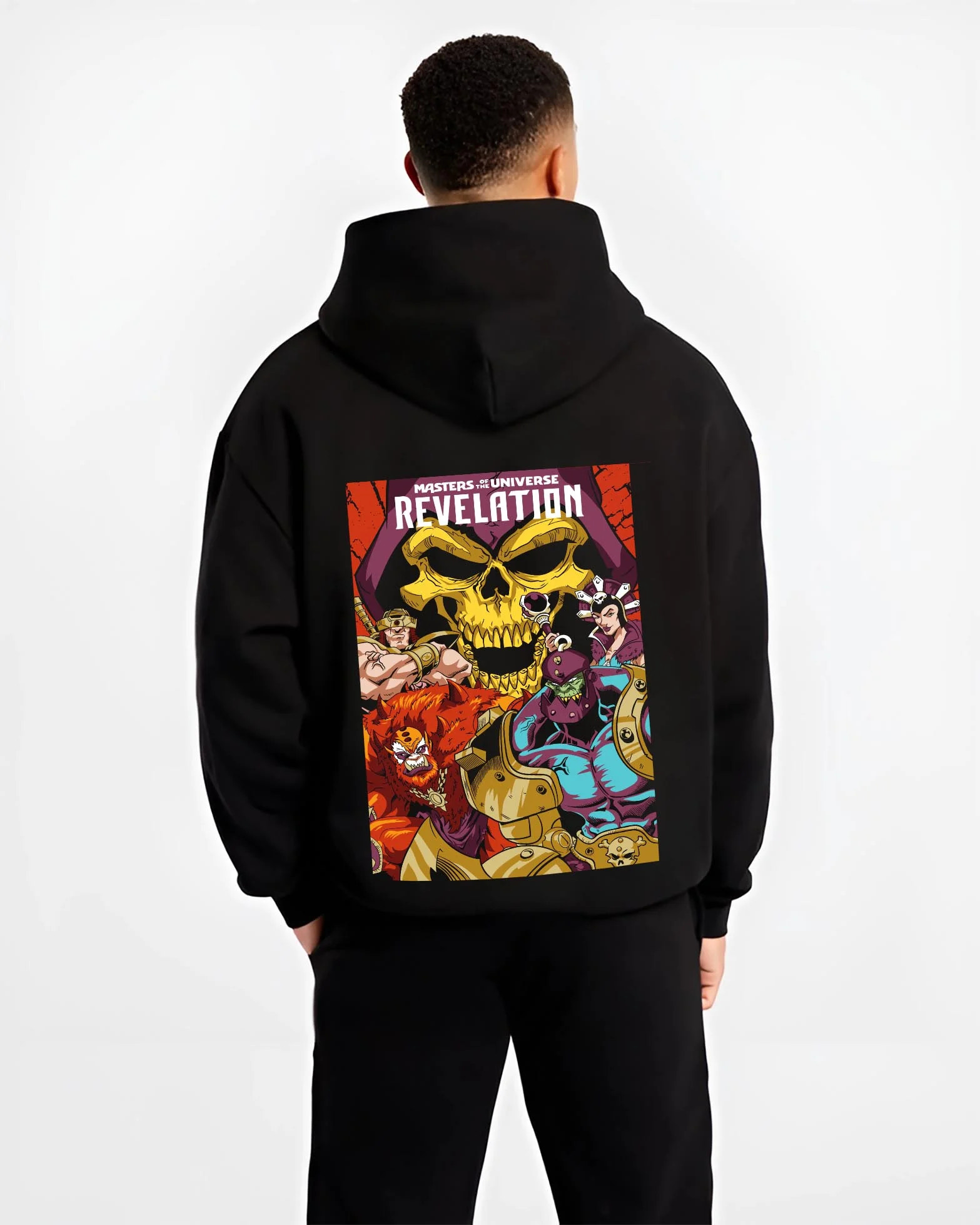 Black hoodie worn by male model, back view with Skeletor Hoodie Masters of the Universe Villain graphic bold anime graphic.