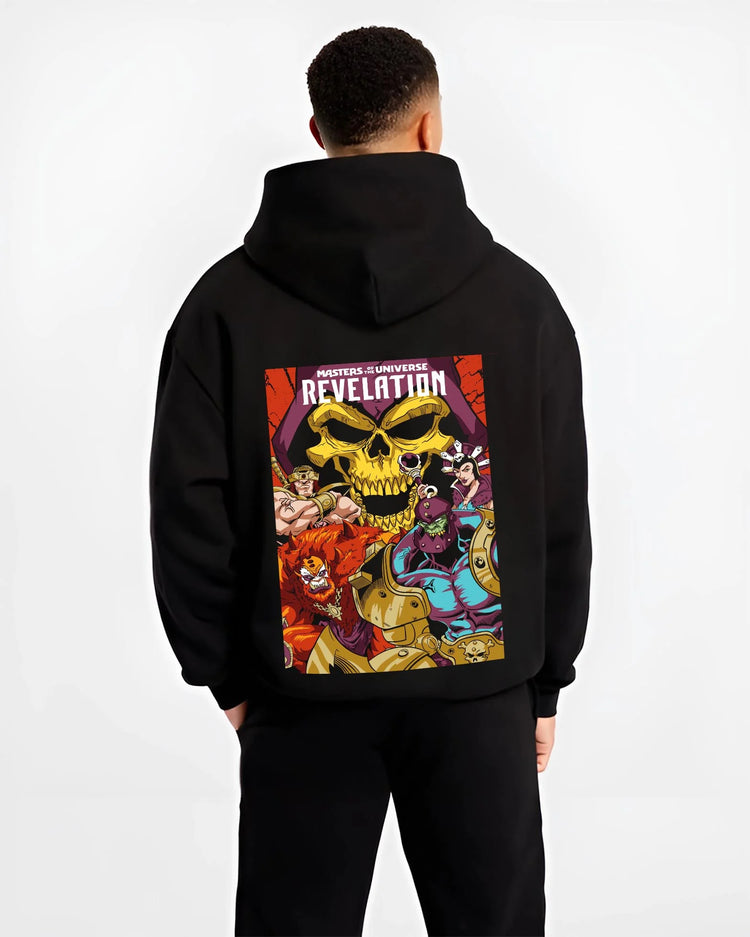 Black hoodie worn by male model, back view with Skeletor Hoodie Masters of the Universe Villain graphic bold anime graphic.