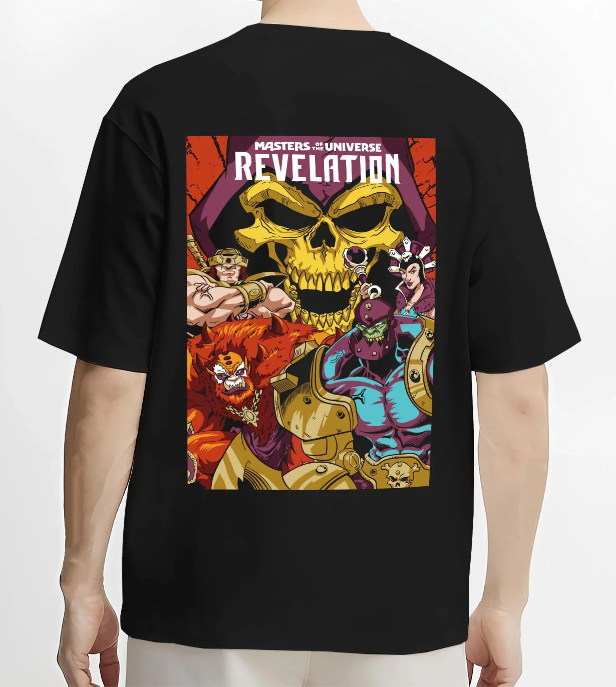 Black T-shirt worn by male model, back view with Skeletor Hoodie Masters of the Universe Villain graphic streetwear graphic.