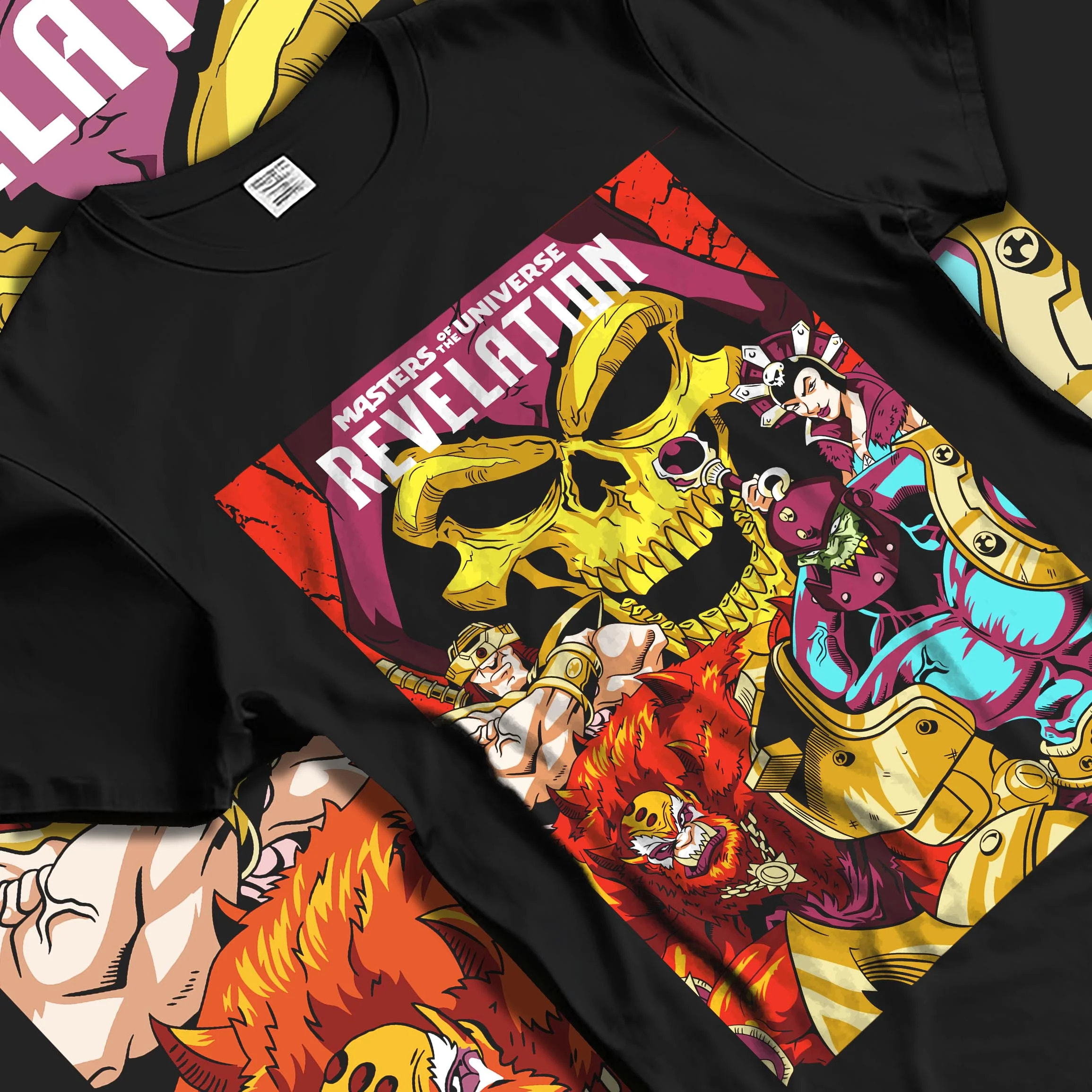 Black T-shirt laid flat with natural folds with Skeletor Hoodie Masters of the Universe Villain graphic bold anime graphic.