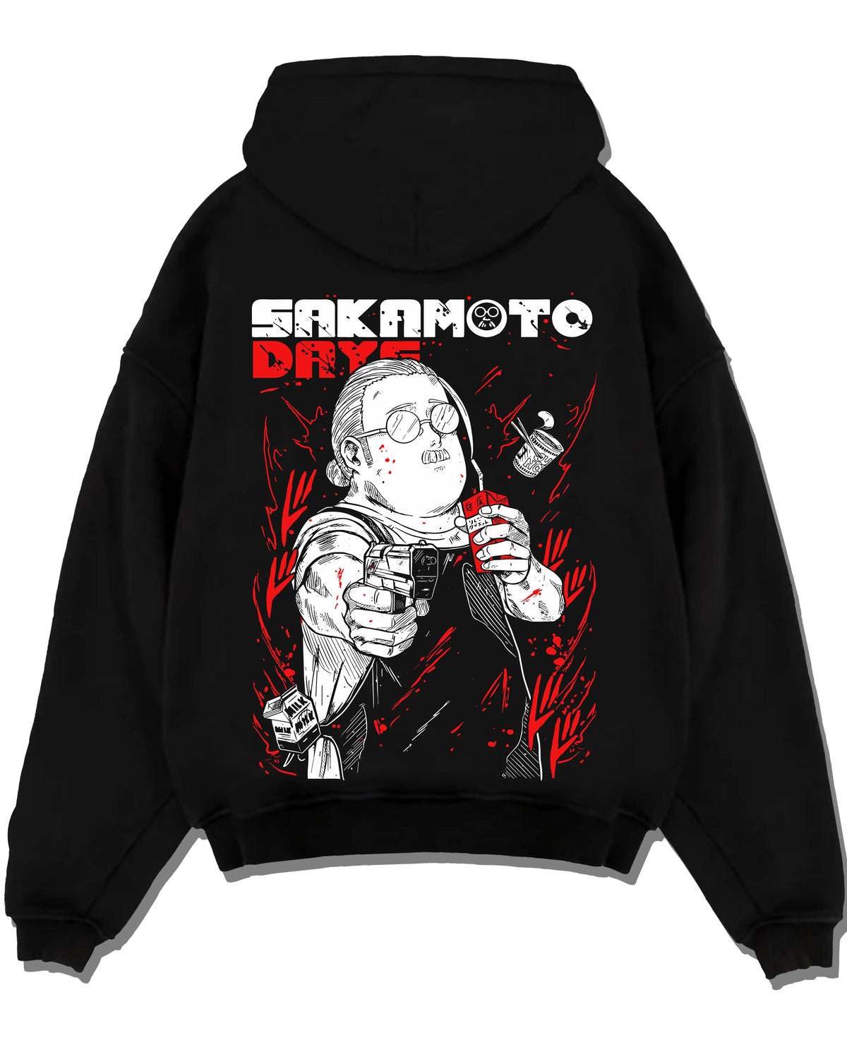 Black hoodie laid flat featuring Taro Sakamoto sketch hitman Sakamoto Days artwork.