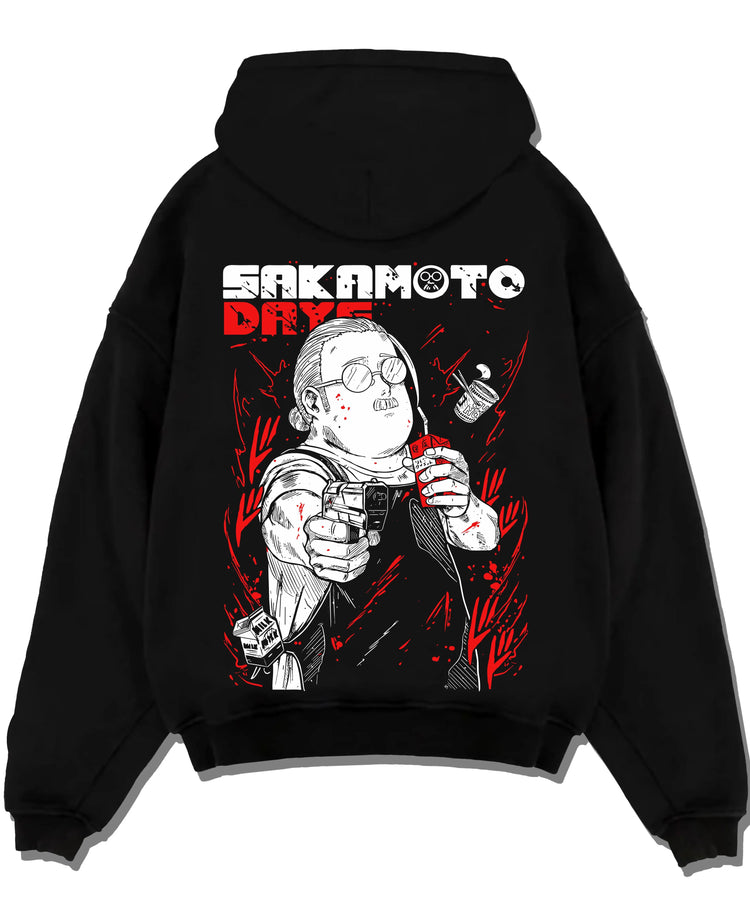 Black hoodie laid flat featuring Taro Sakamoto sketch hitman Sakamoto Days artwork.