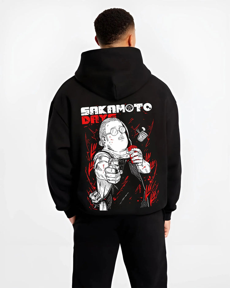 Black hoodie worn by male model from the back featuring Taro Sakamoto sketch hitman Sakamoto Days artwork.