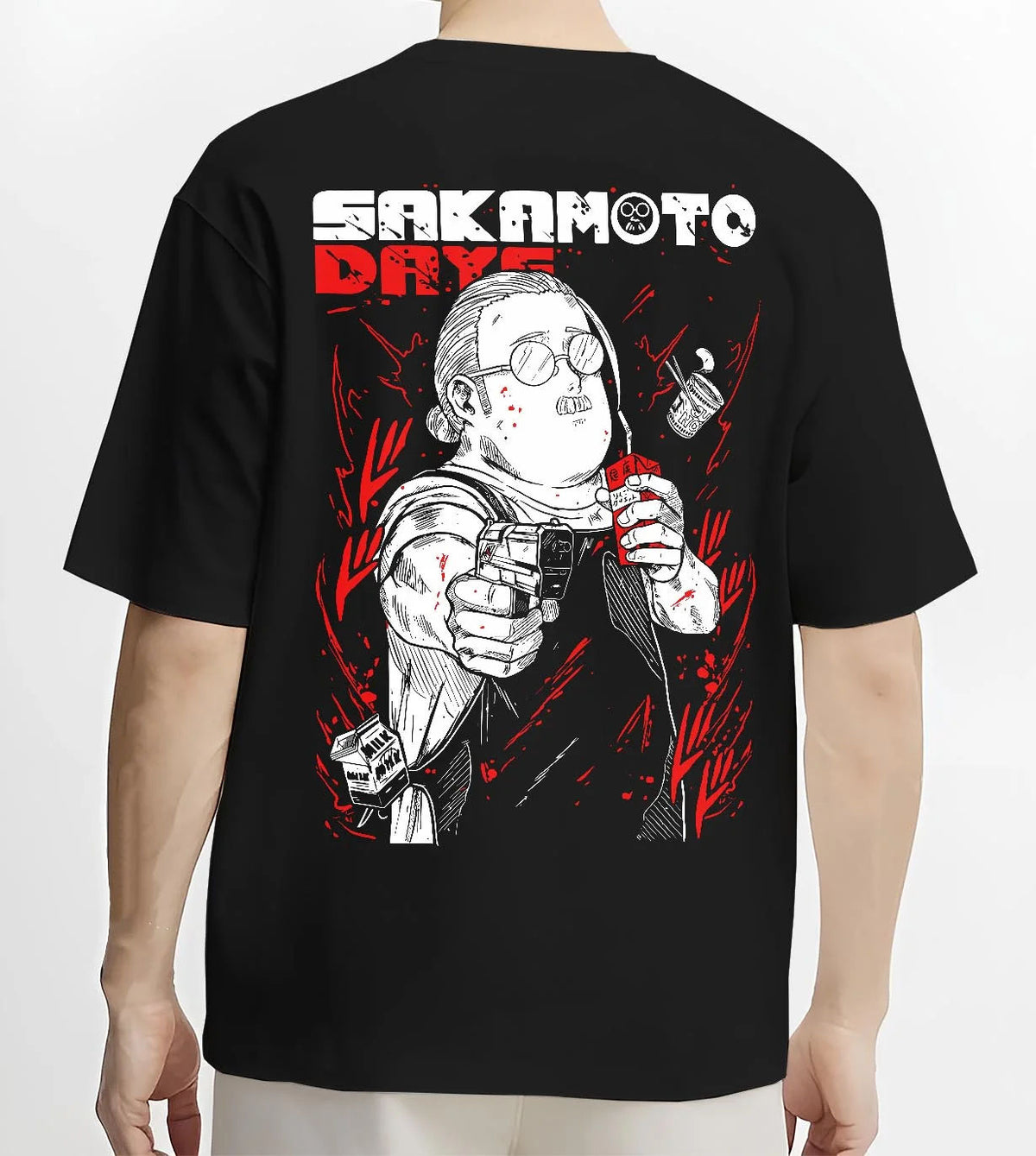 Black T-shirt worn by male model from the back featuring Taro Sakamoto sketch hitman Sakamoto Days artwork.