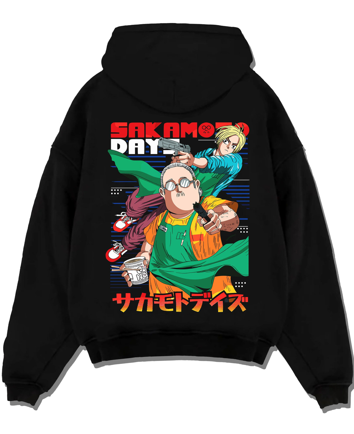 Black hoodie laid flat featuring Sakamoto Days assassin cast group artwork.
