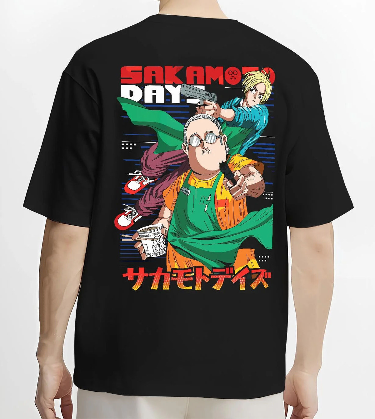 Black T-shirt worn by male model from the back featuring Sakamoto Days assassin cast group artwork.