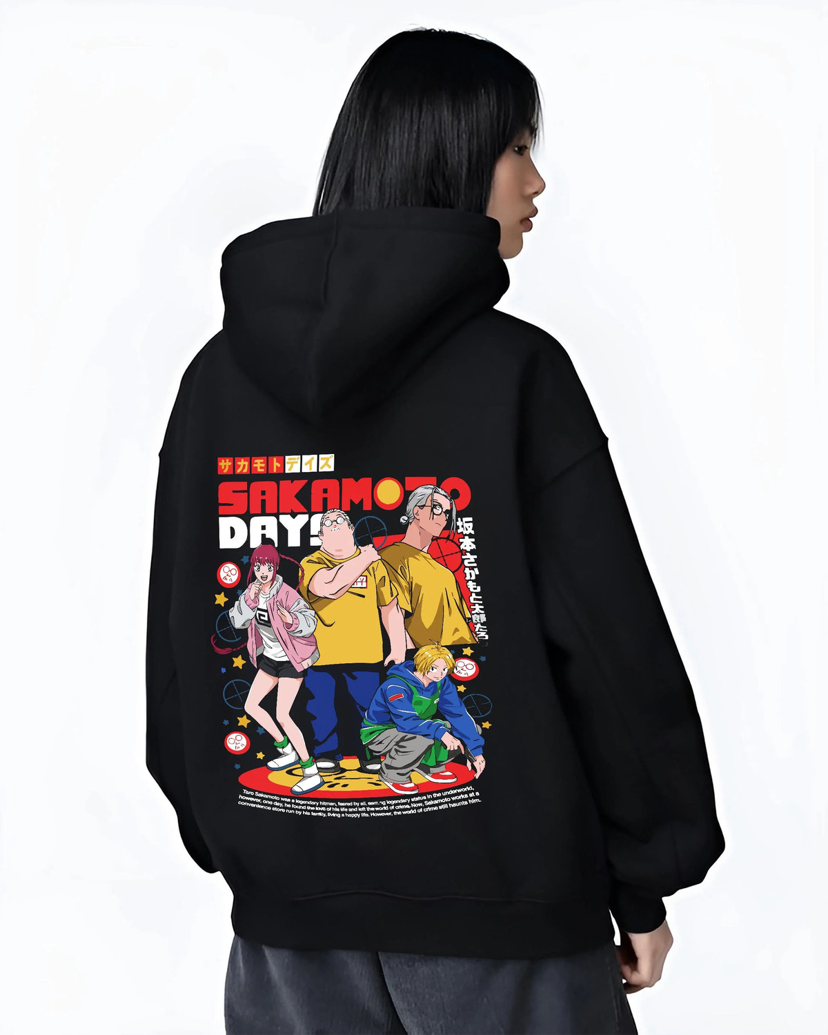 Black hoodie worn by female model from the back featuring Taro Sakamoto Shin and Lu group Sakamoto Days artwork.