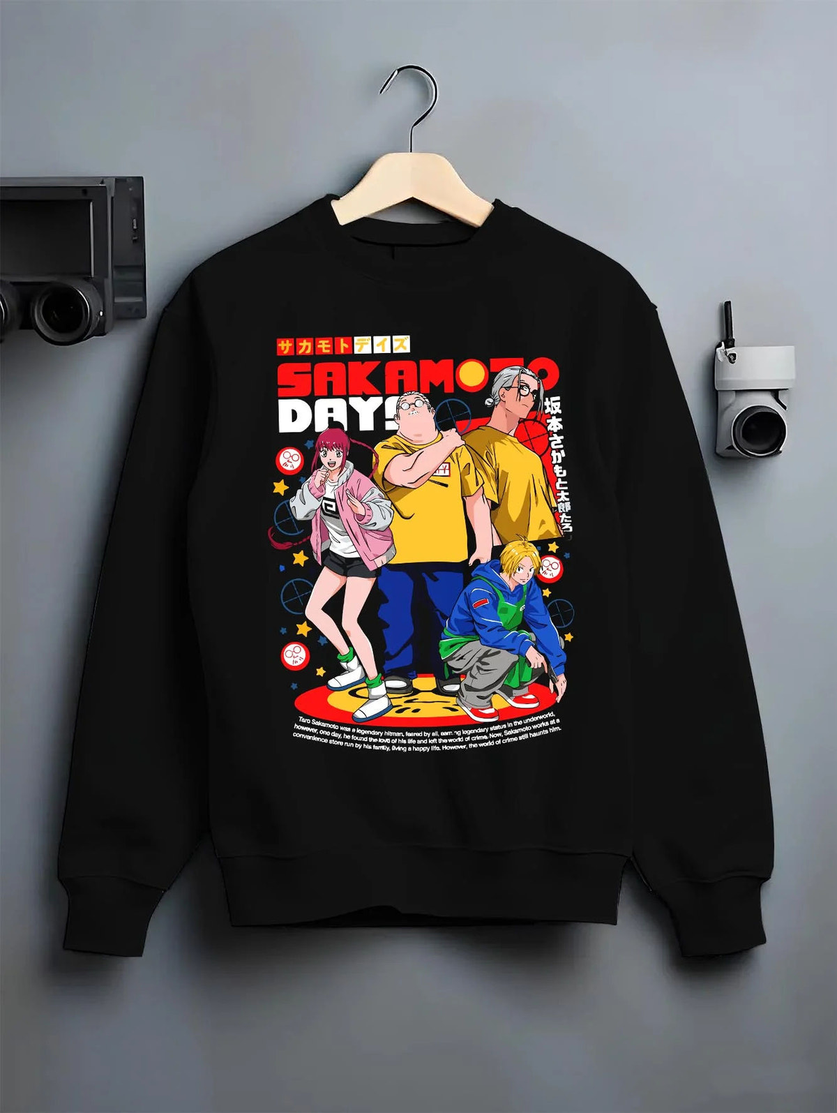 Black crewneck sweatshirt on hanger featuring Taro Sakamoto Shin and Lu group Sakamoto Days artwork.