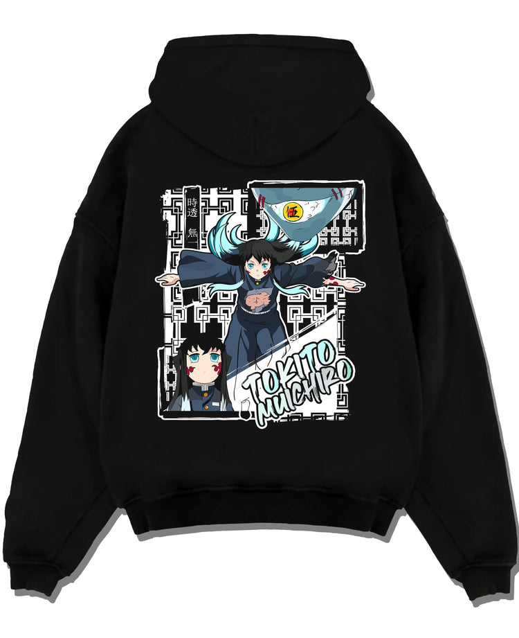 Black hoodie laid flat featuring Muichiro Tokito Mist Hashira sword Demon Slayer artwork.