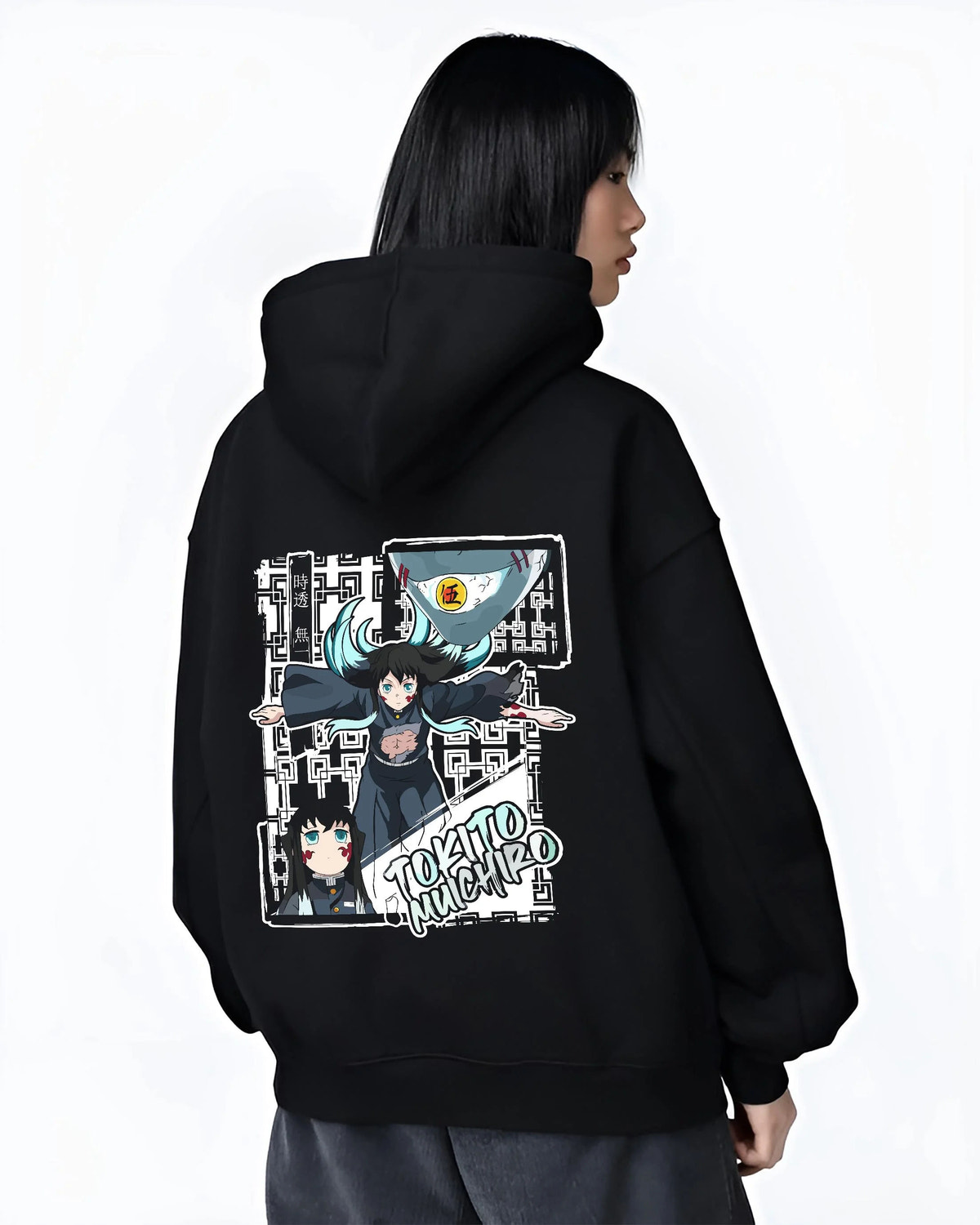 Black hoodie worn by female model from the back featuring Muichiro Tokito Mist Hashira sword Demon Slayer artwork.