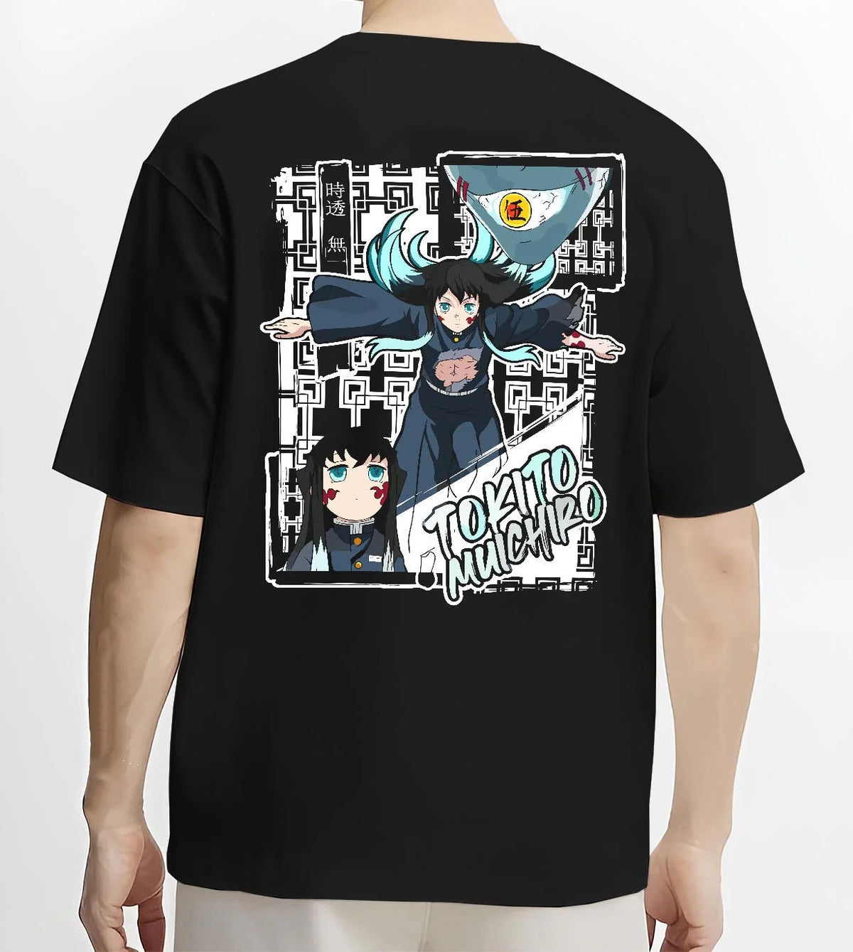 Black T-shirt worn by male model from the back featuring Muichiro Tokito Mist Hashira sword Demon Slayer artwork.