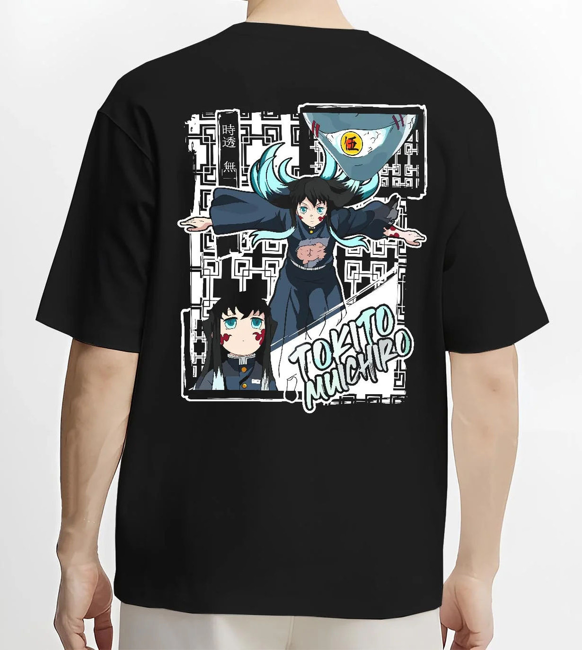 Black T-shirt worn by male model from the back featuring Muichiro Tokito Mist Hashira sword Demon Slayer artwork.