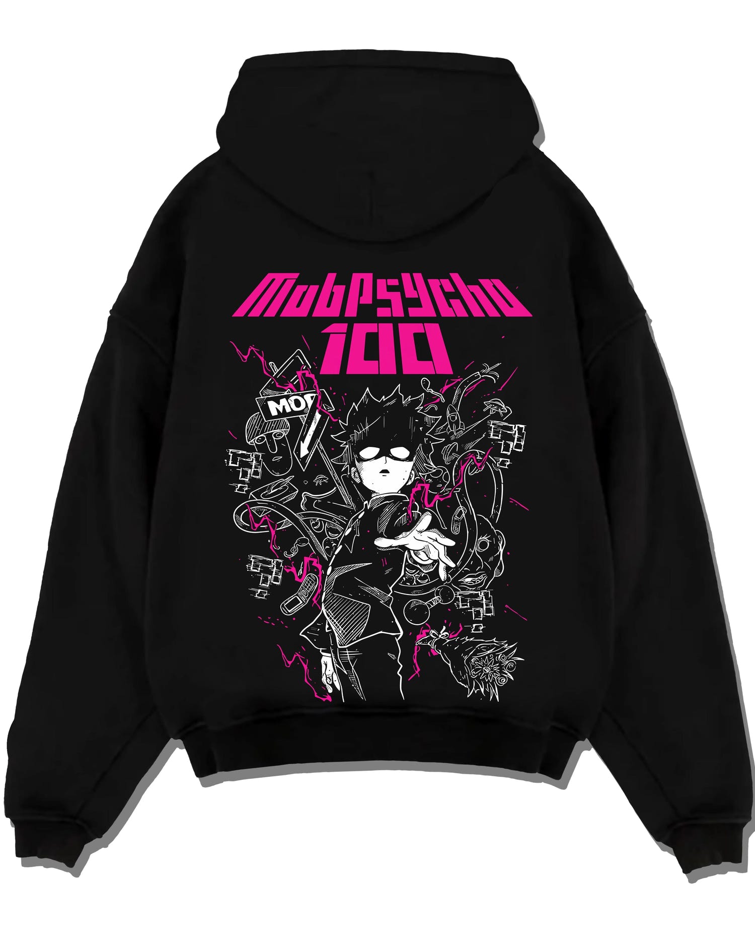 Black pullover hoodie laid flat with Shigeo Kageyama Hoodie Mob Psycho 100 Shadow graphic premium wear.