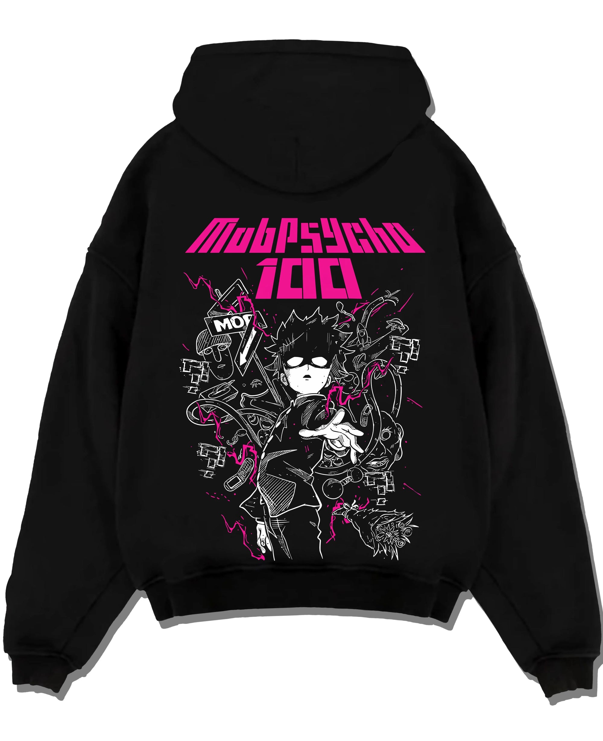Black pullover hoodie laid flat with Shigeo Kageyama Hoodie Mob Psycho 100 Shadow graphic premium wear.
