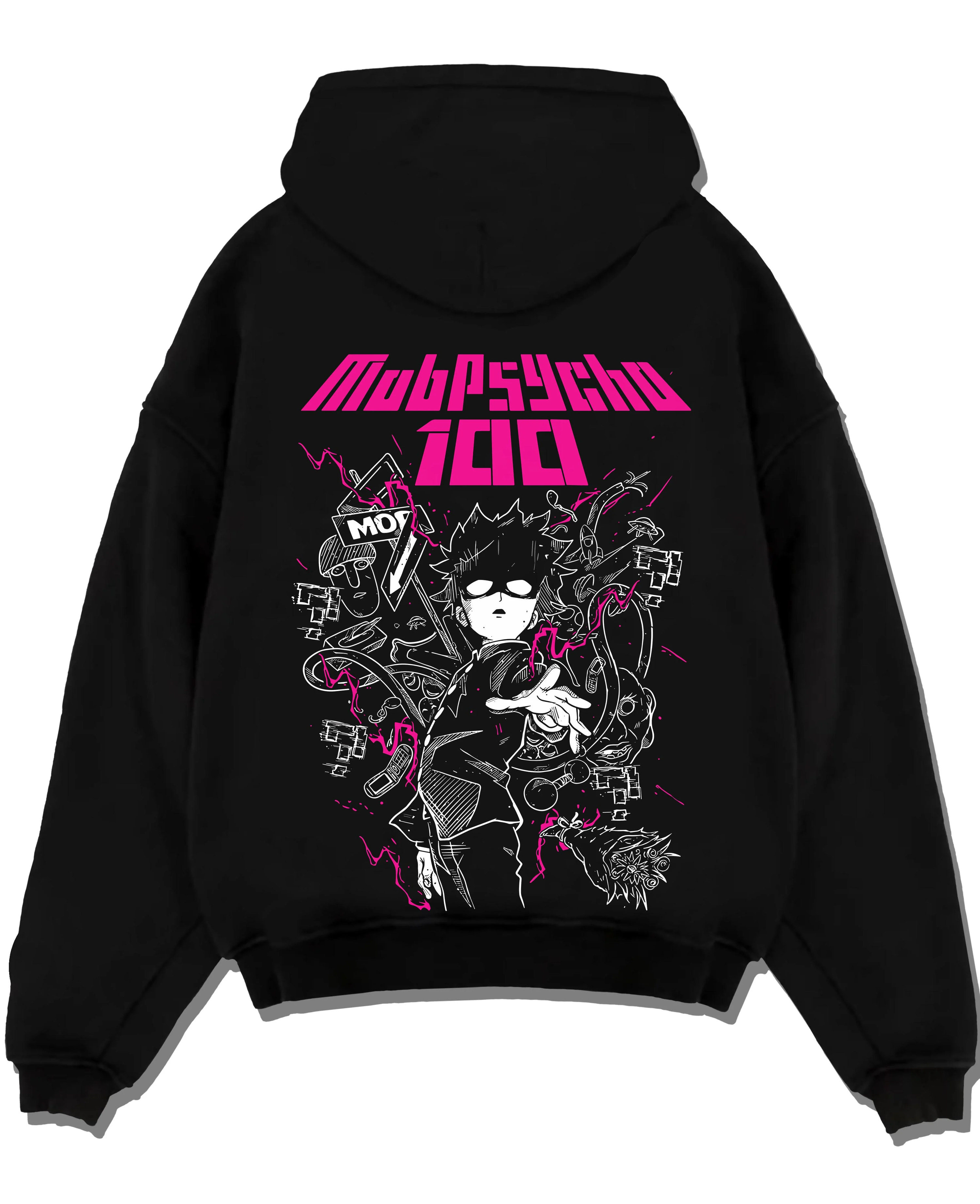 Black pullover hoodie laid flat with Shigeo Kageyama Hoodie Mob Psycho 100 Shadow graphic premium wear.