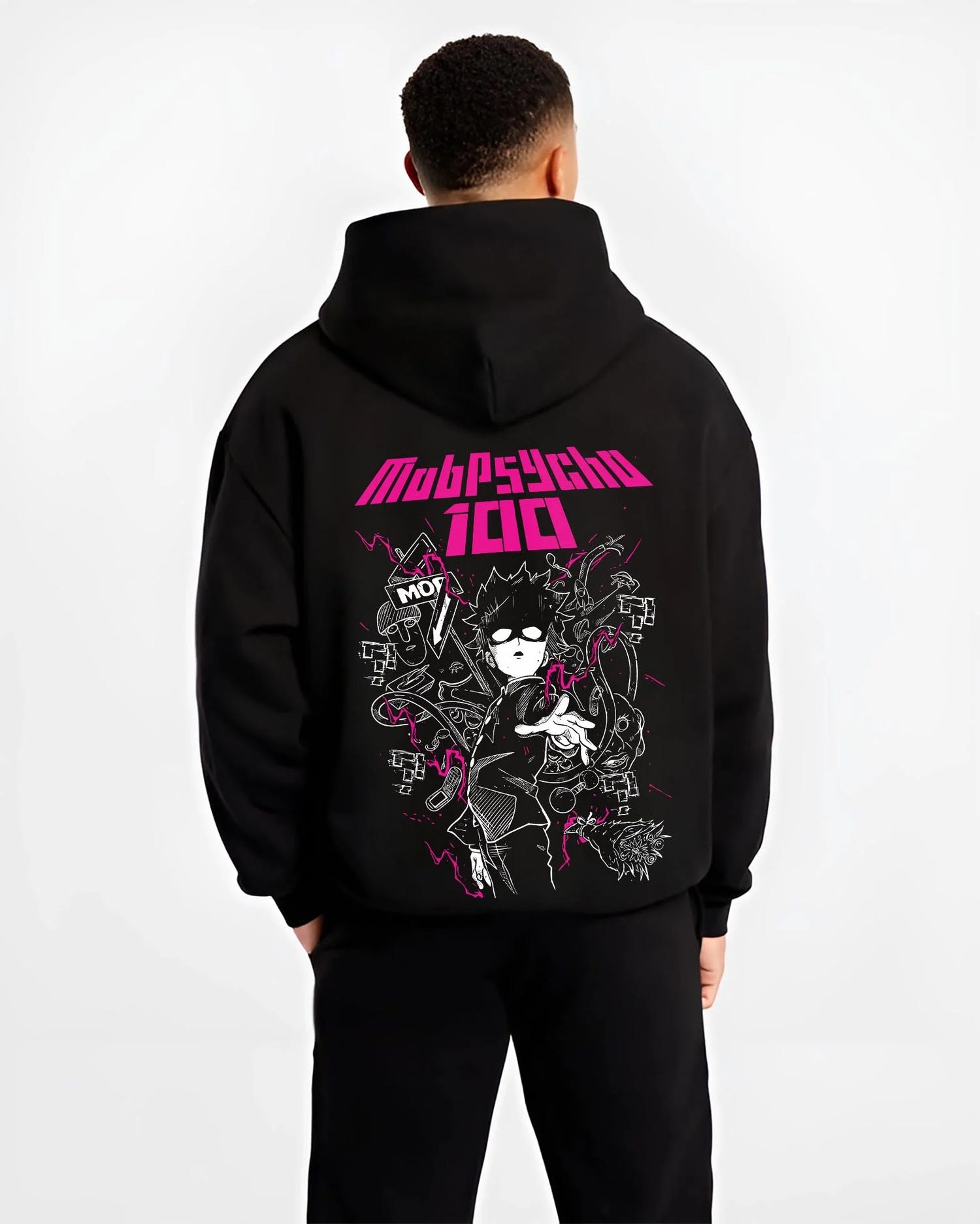 Black hoodie worn by male model, back view with Shigeo Kageyama Hoodie Mob Psycho 100 Shadow graphic premium wear.