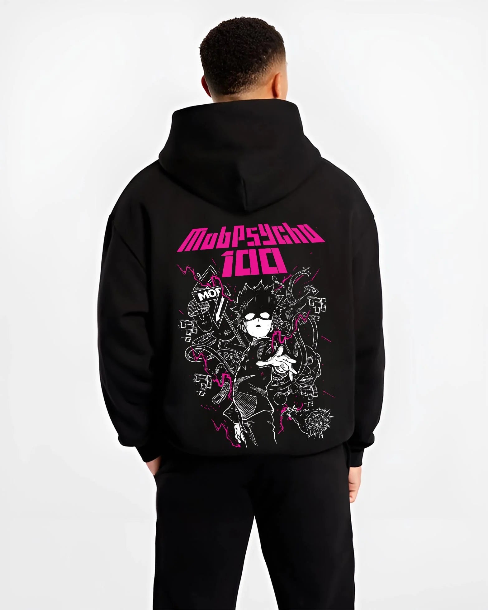 Black hoodie worn by male model, back view with Shigeo Kageyama Hoodie Mob Psycho 100 Shadow graphic premium wear.