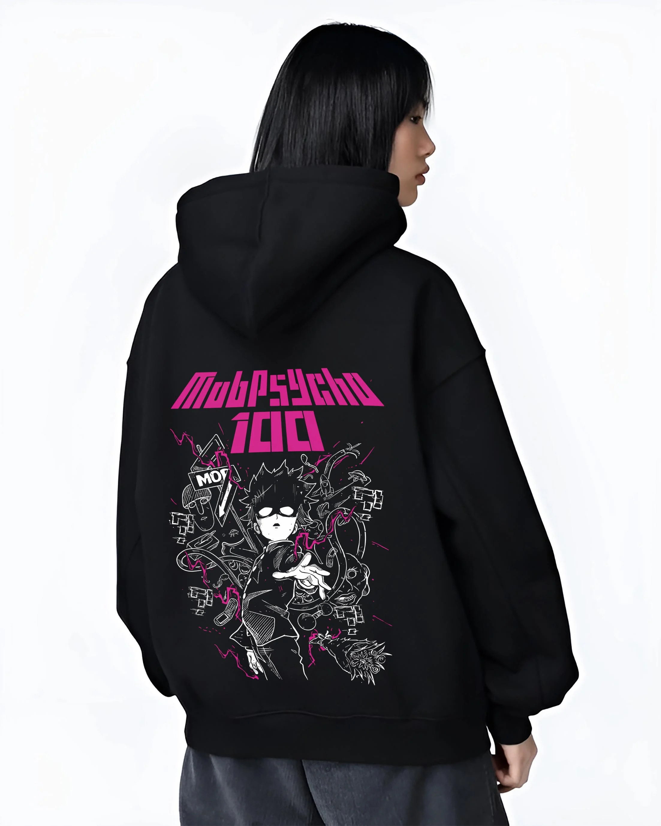 Black hoodie worn by female model, back view with Shigeo Kageyama Hoodie Mob Psycho 100 Shadow graphic streetwear graphic.