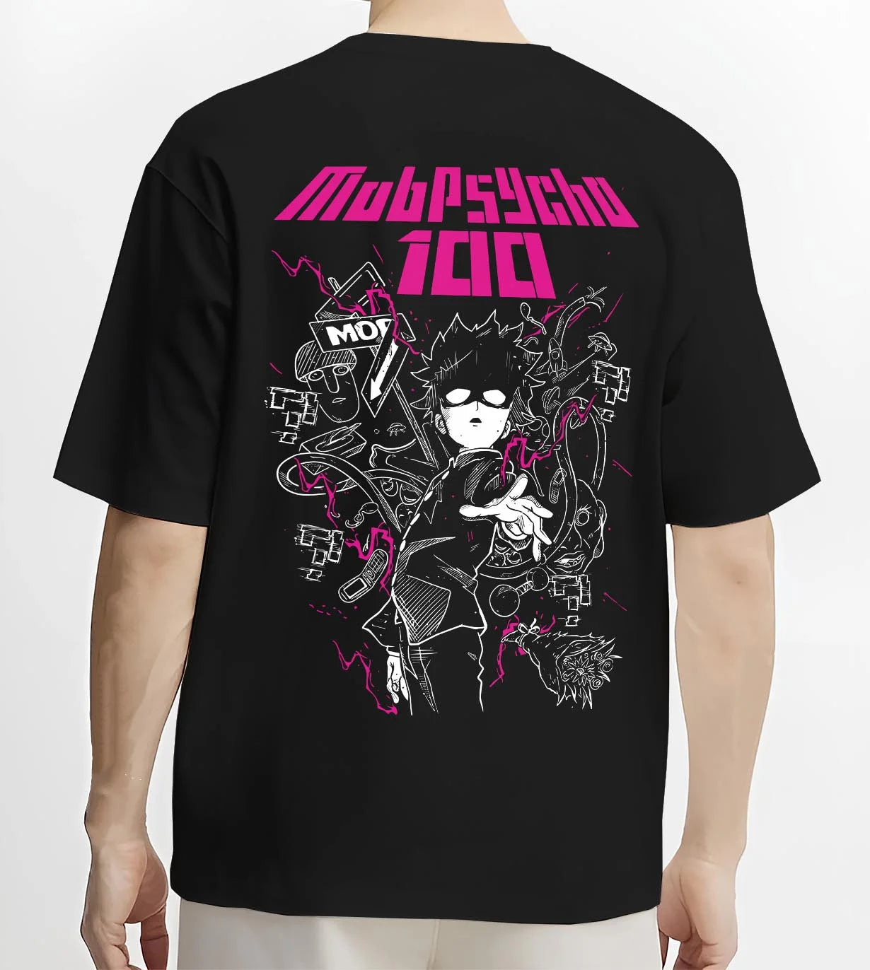 Black T-shirt worn by male model, back view with Shigeo Kageyama Hoodie Mob Psycho 100 Shadow graphic premium wear.