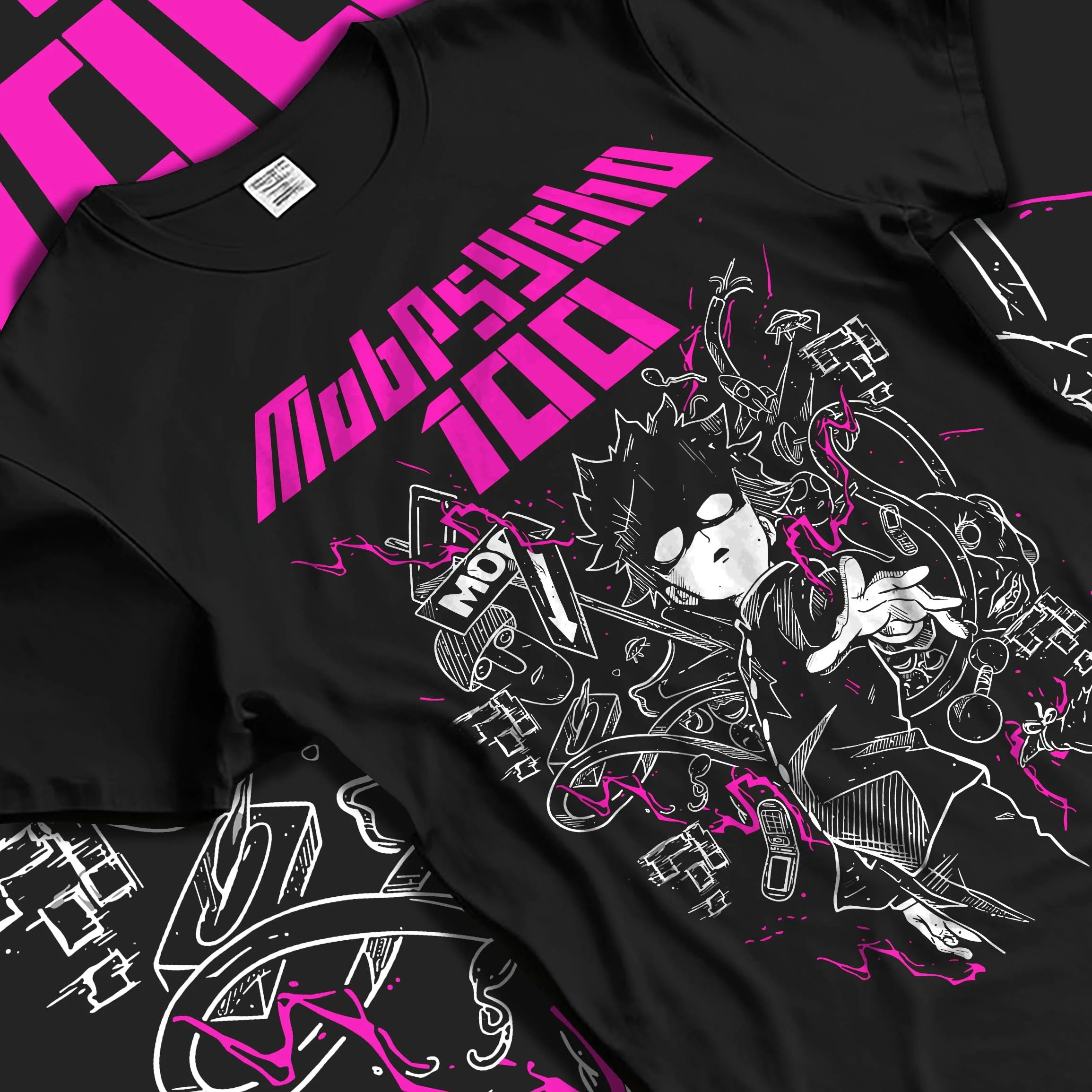 Black T-shirt laid flat with natural folds with Shigeo Kageyama Hoodie Mob Psycho 100 Shadow graphic bold anime graphic.