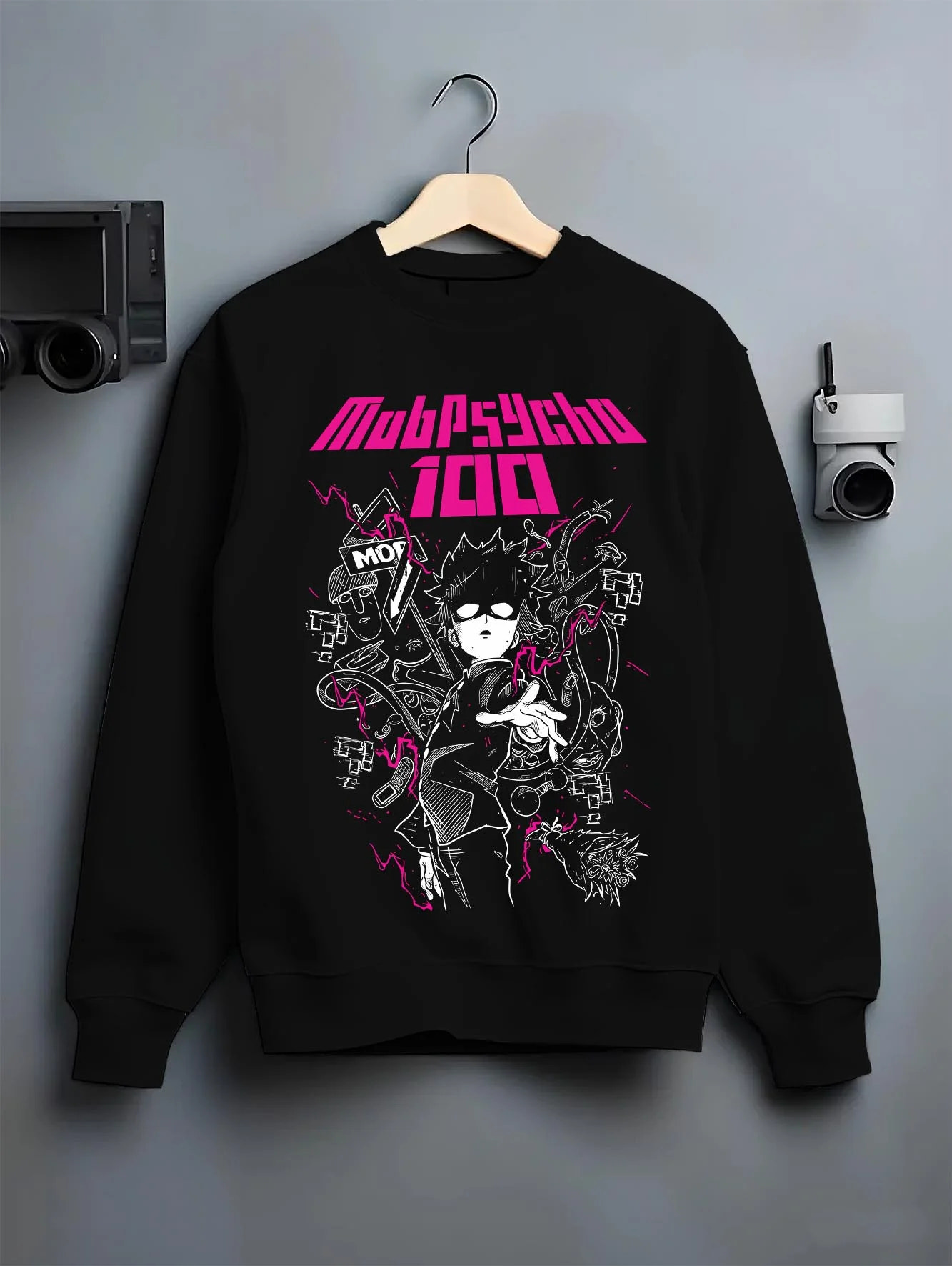 Black crewneck sweatshirt on hanger with Shigeo Kageyama Hoodie Mob Psycho 100 Shadow graphic premium wear.