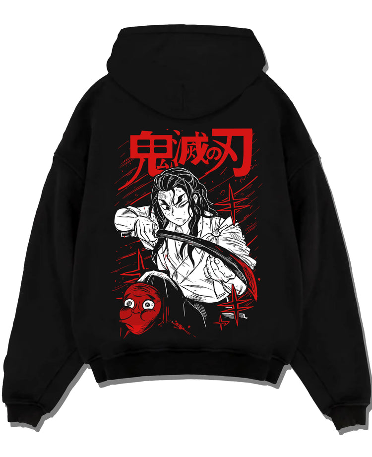 Black pullover hoodie laid flat with Slayer Group Hoodie Demon Slayer Corps Hashira Anime graphic bold anime graphic.