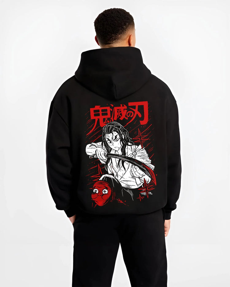 Black hoodie worn by male model, back view with Slayer Group Hoodie Demon Slayer Corps Hashira Anime graphic streetwear graphic.