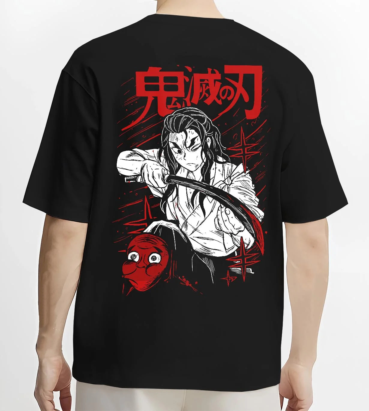 Black T-shirt worn by male model, back view with Slayer Group Hoodie Demon Slayer Corps Hashira Anime graphic streetwear graphic.