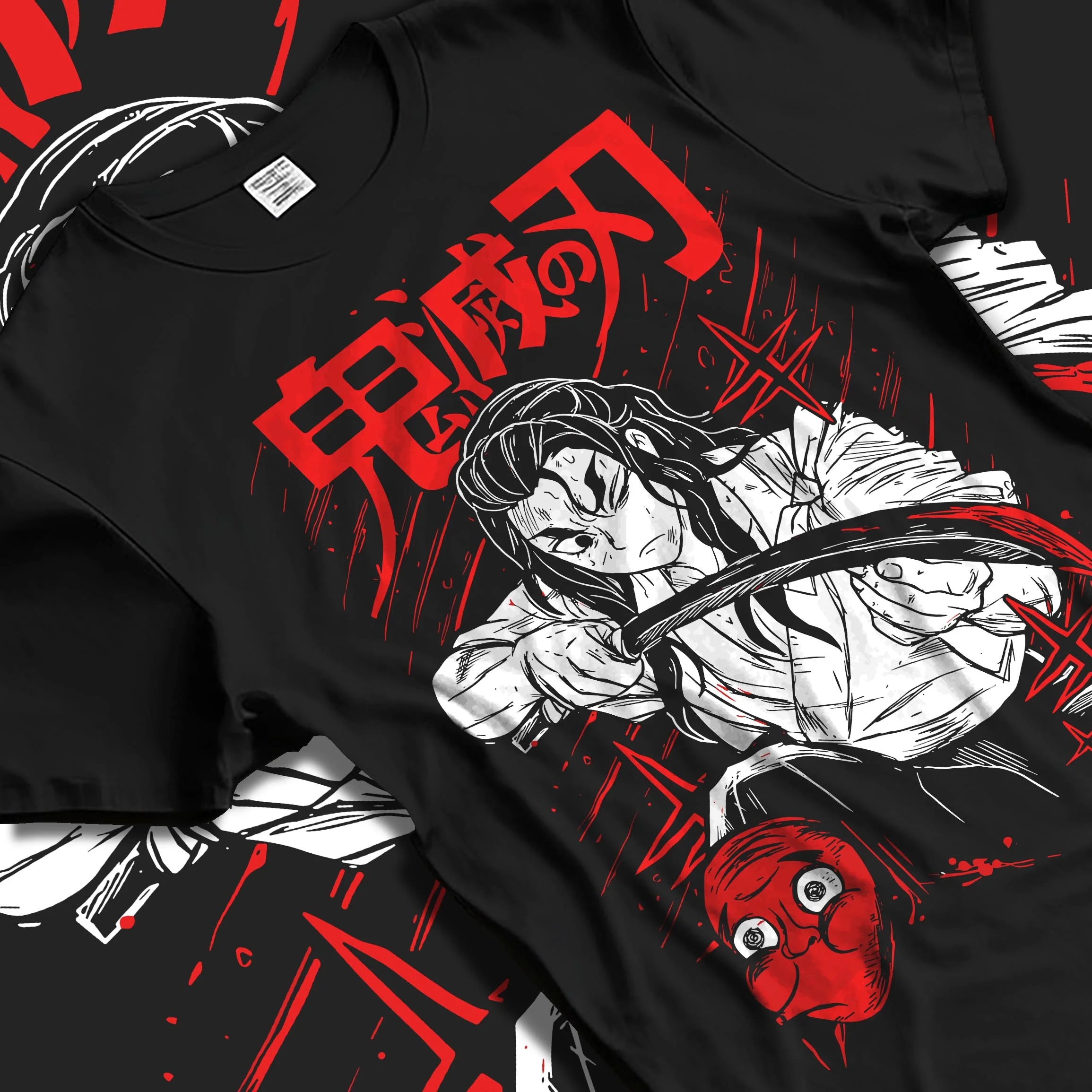 Black T-shirt laid flat with natural folds with Slayer Group Hoodie Demon Slayer Corps Hashira Anime graphic streetwear graphic.
